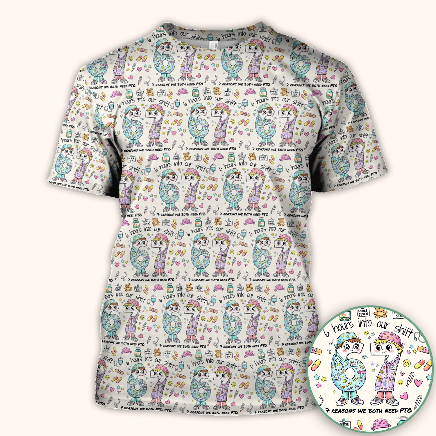 Cartoon Characters Six Hours Into Shift With Medical Doodle Scrub Top, Breathable Fabrics Nursing Uniform