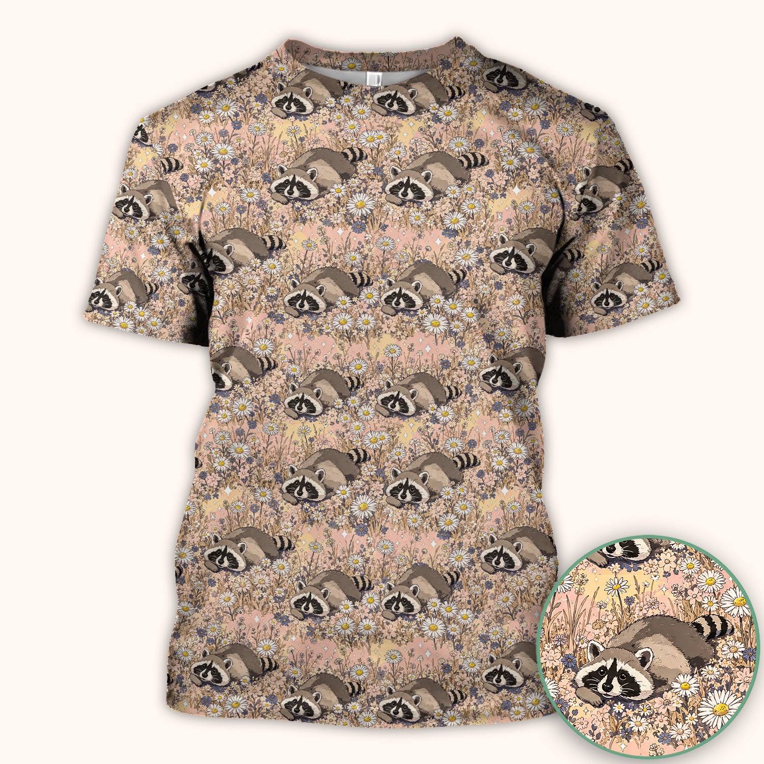 Cute Raccoon Wildflower Meadow Pattern Scrub Top, Comfortable Scrubs for Nurses