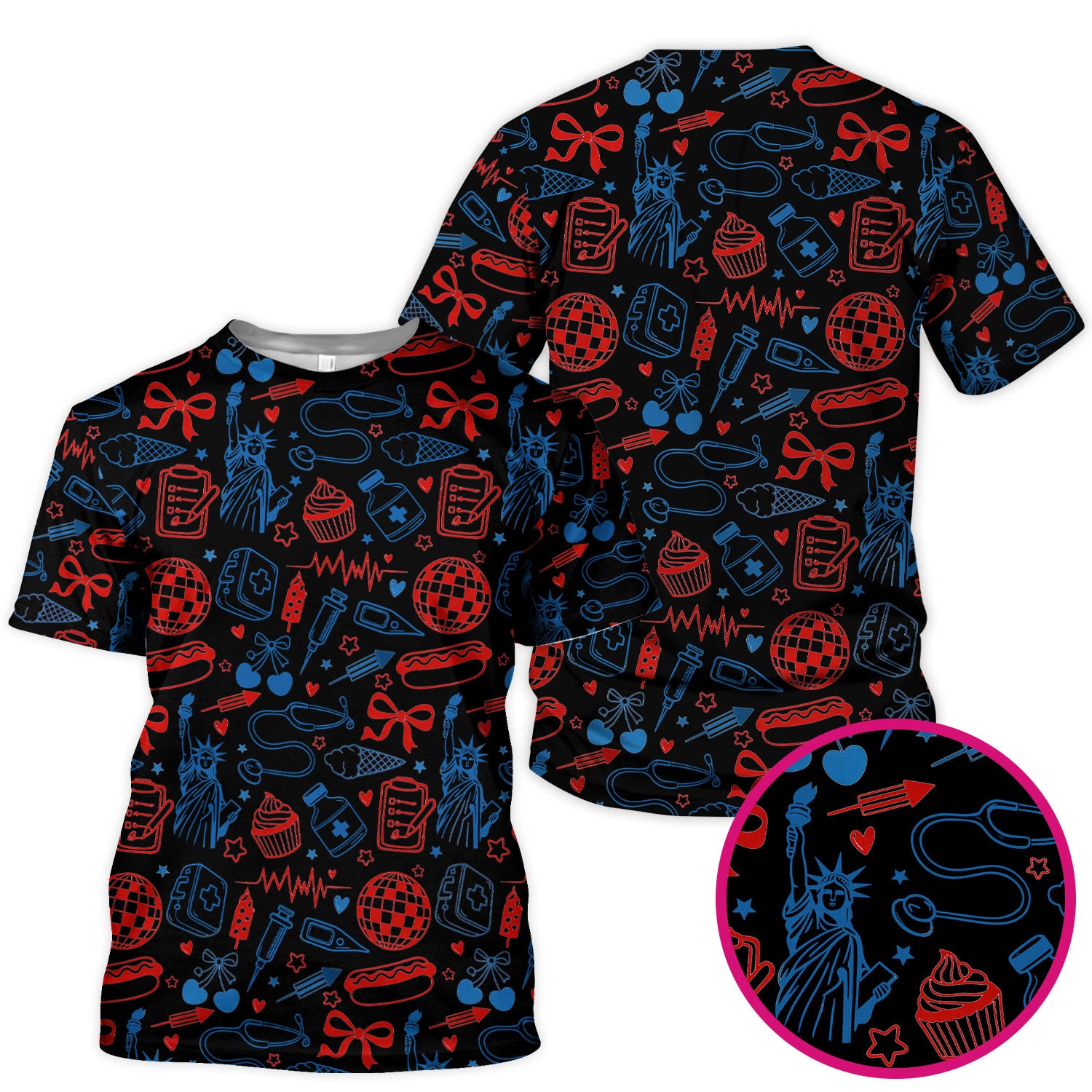 Patriotic Nurse Medical Icons Pattern Scrub Top, Breathable Fabrics Nursing Uniform