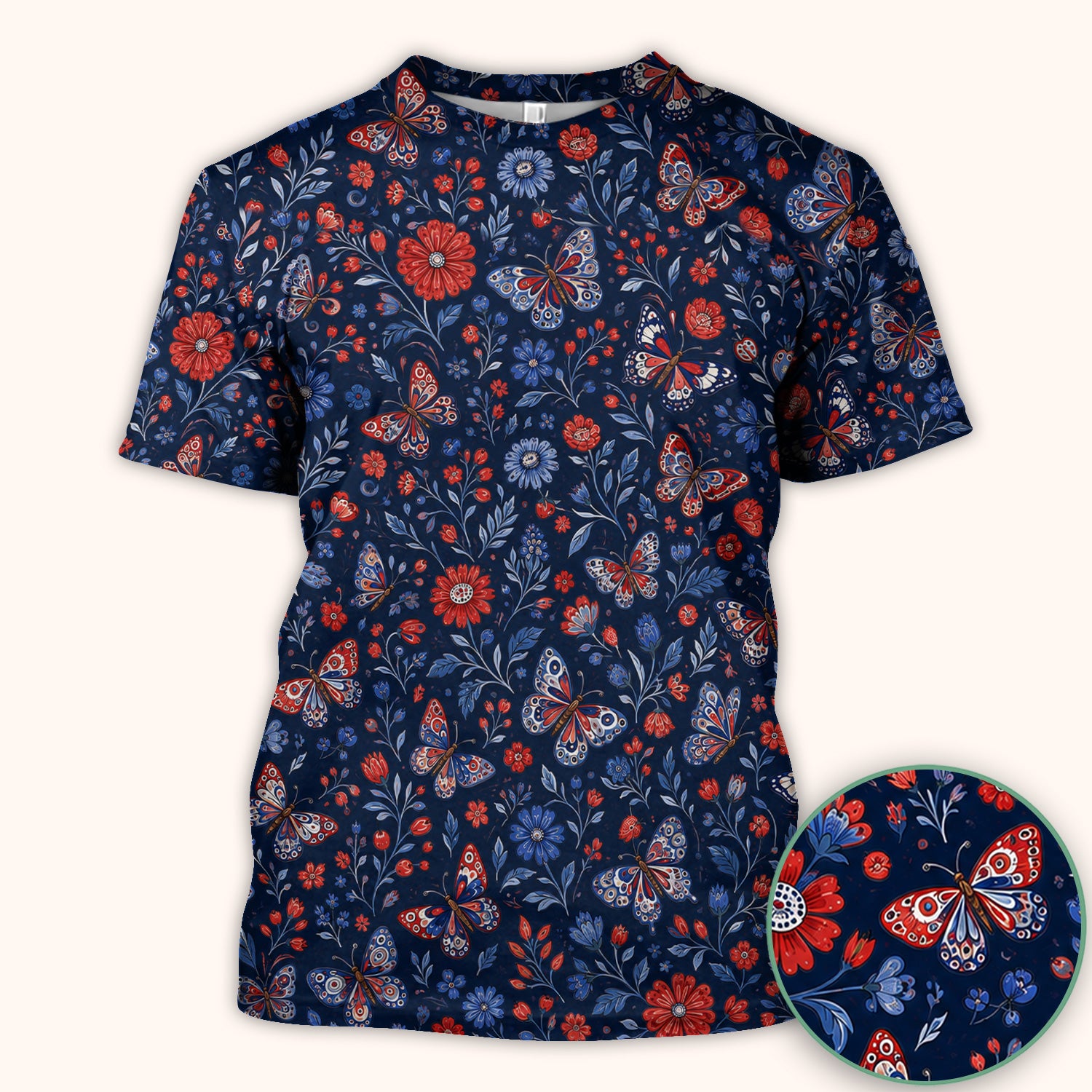 Patriotic Floral Butterfly Pattern Scrub Top, Comfortable Scrubs for Nurses