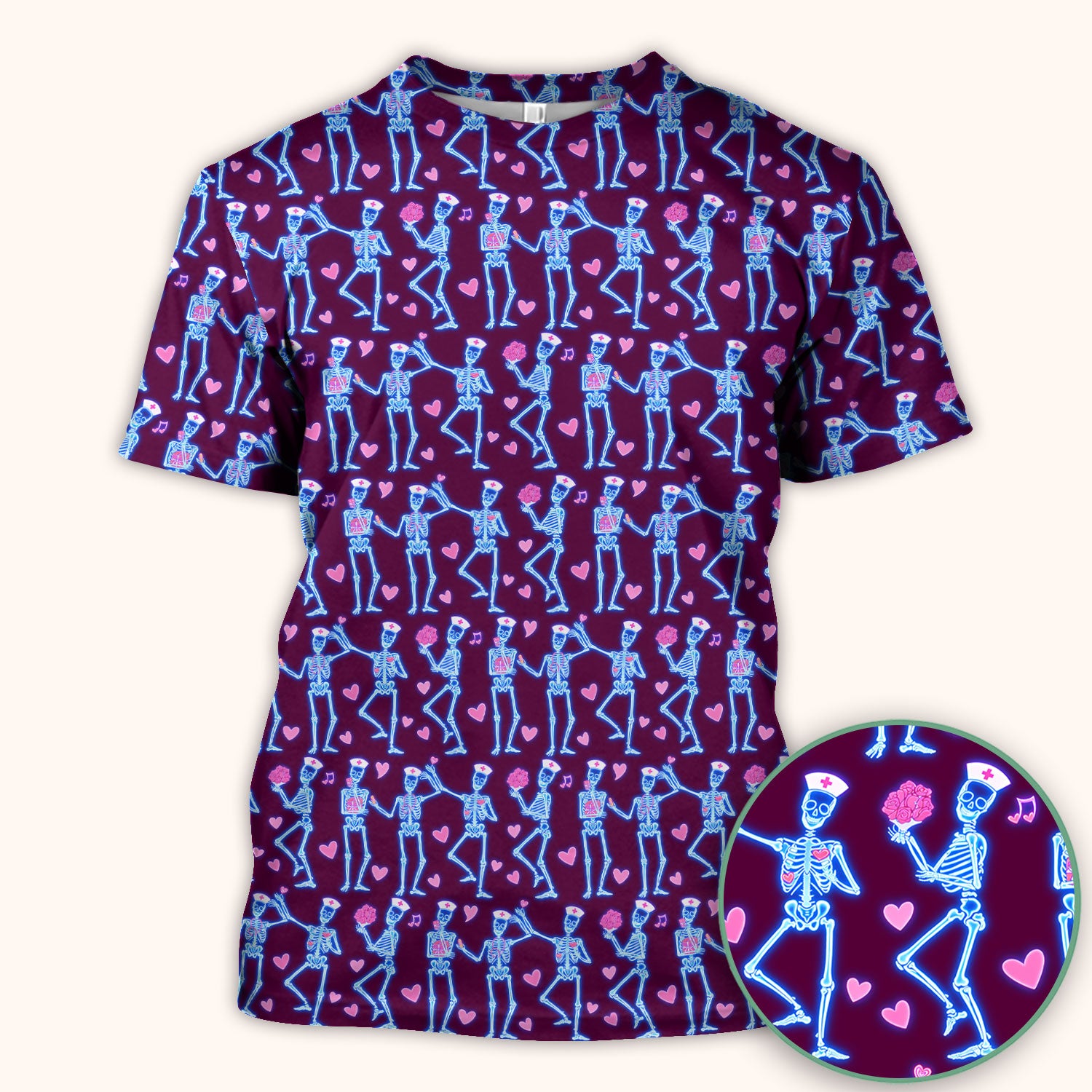 Skeleton Nurse Heart Pattern Scrub Top, Playful Nurse Style, Breathable Fabrics Nursing Uniform