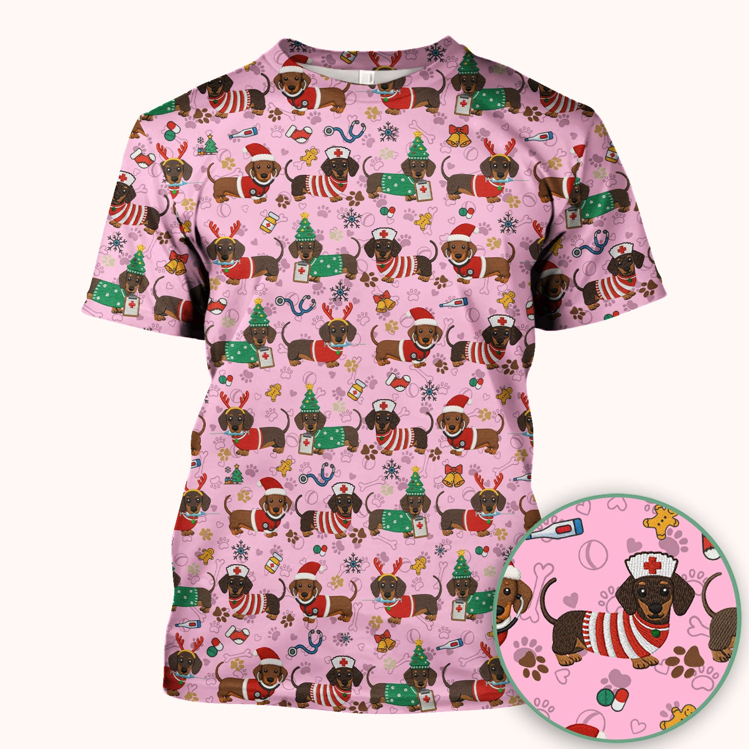 Christmas Dachshund Scrub Top for Nurses - Cute Wiener Dog Pattern Medical Shirt - Festive Holiday Scrubs Gift for Women RN CNA LPN