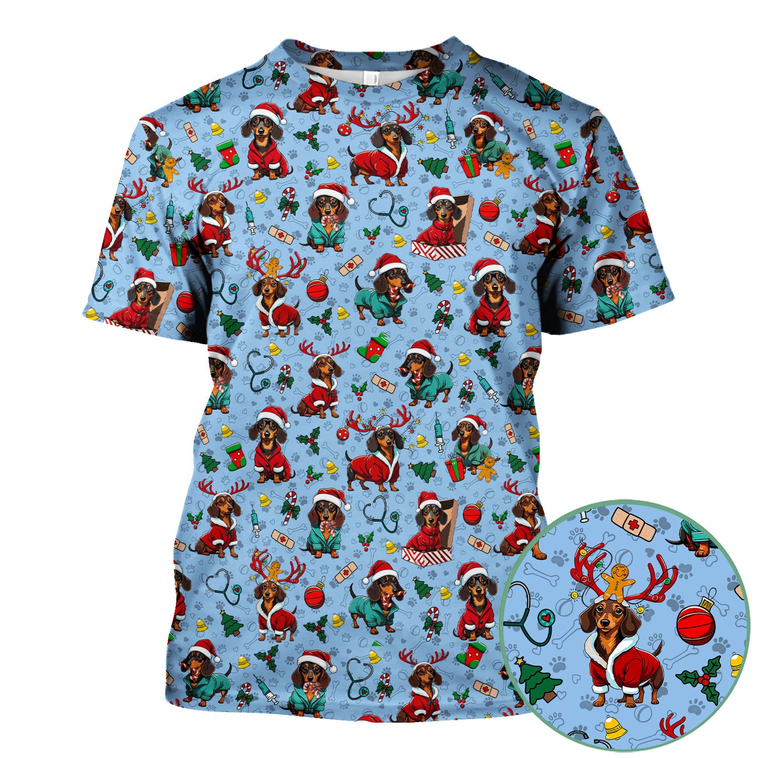 Christmas Dachshund Scrubs for Nurses - Cute Sausage Dog Holiday Scrub Top - Funny Reindeer & Santa Medical Shirt for Women