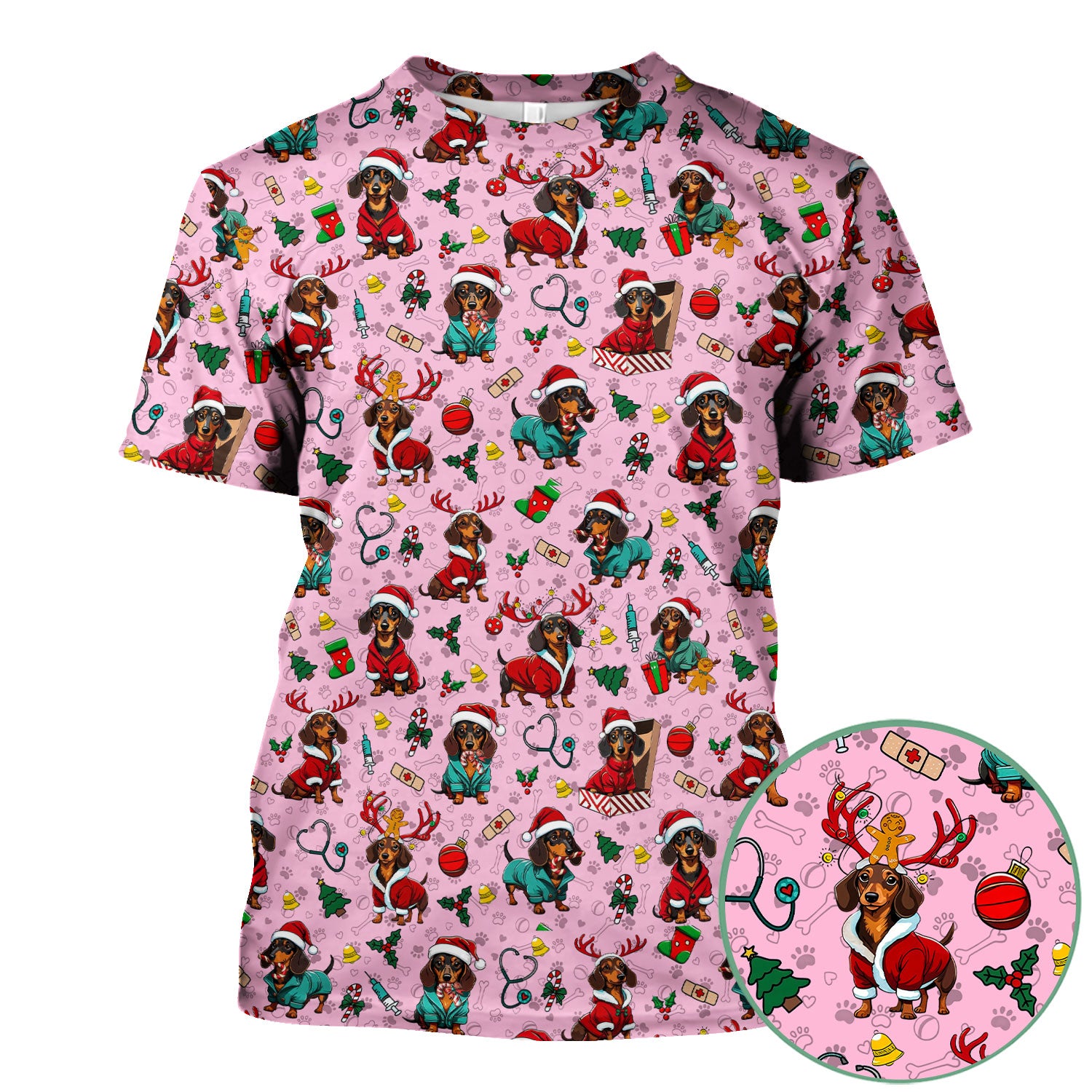Christmas Dachshund Scrubs for Nurses - Cute Sausage Dog Holiday Scrub Top - Funny Reindeer & Santa Medical Shirt for Women