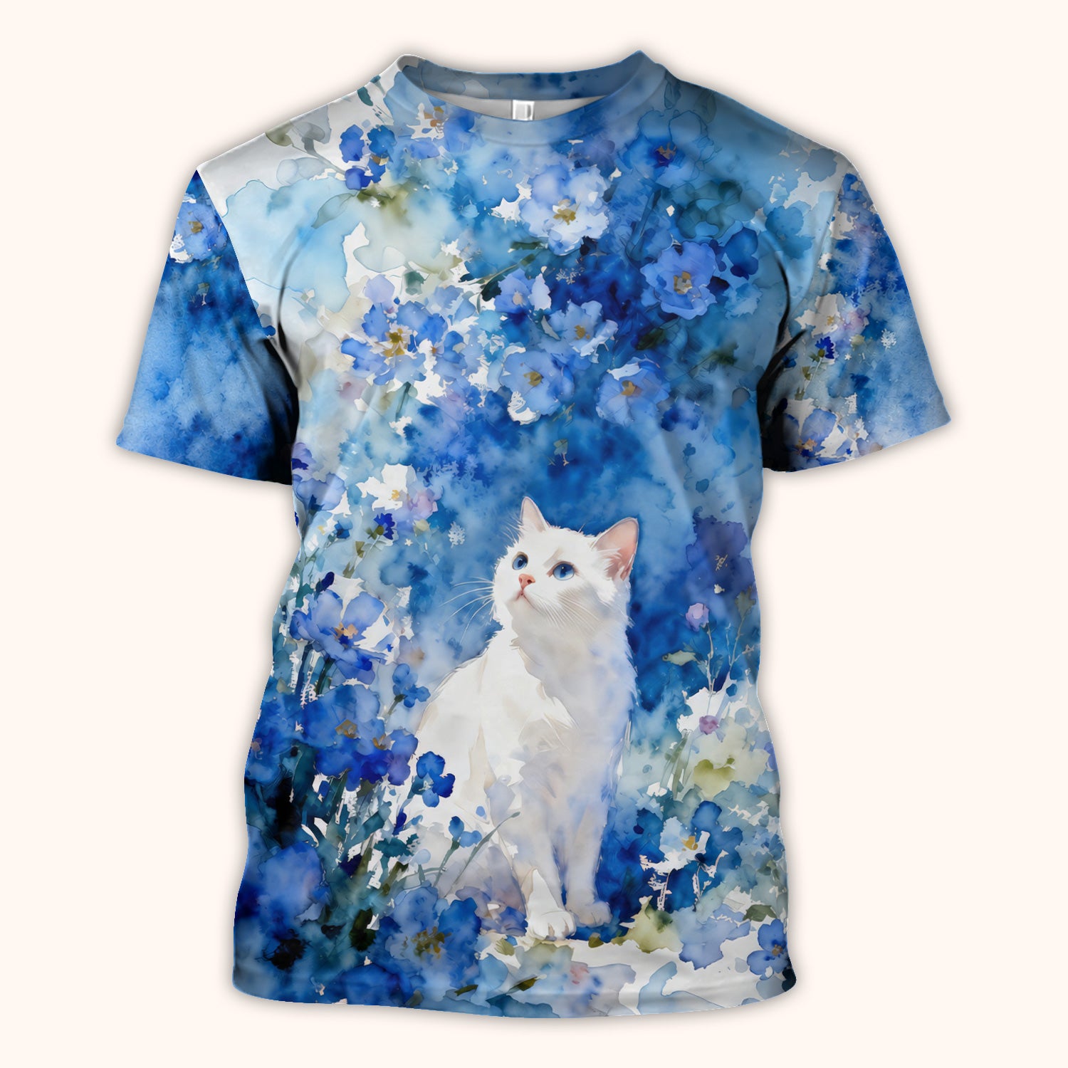 Adorable Blue Floral White Cat Pattern Scrub Top, Comfortable Scrubs for Nurses