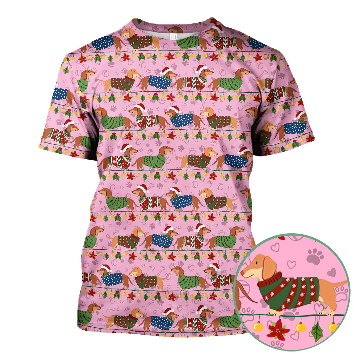 Christmas Dachshund Scrub Top - Cute Dog Print Scrubs for Women, Men Multi Color - Holiday Scrub Shirt Gift for Nurse, CNA, RN, Doctor
