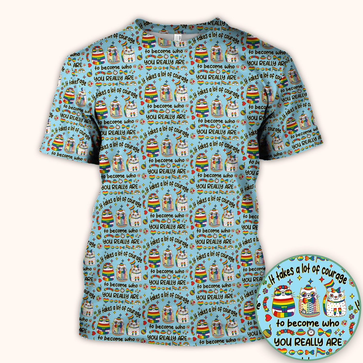 Inspirational Nurse Rainbow Cat Courage Quote Pattern Scrub Top, Breathable Fabrics Nursing Uniform
