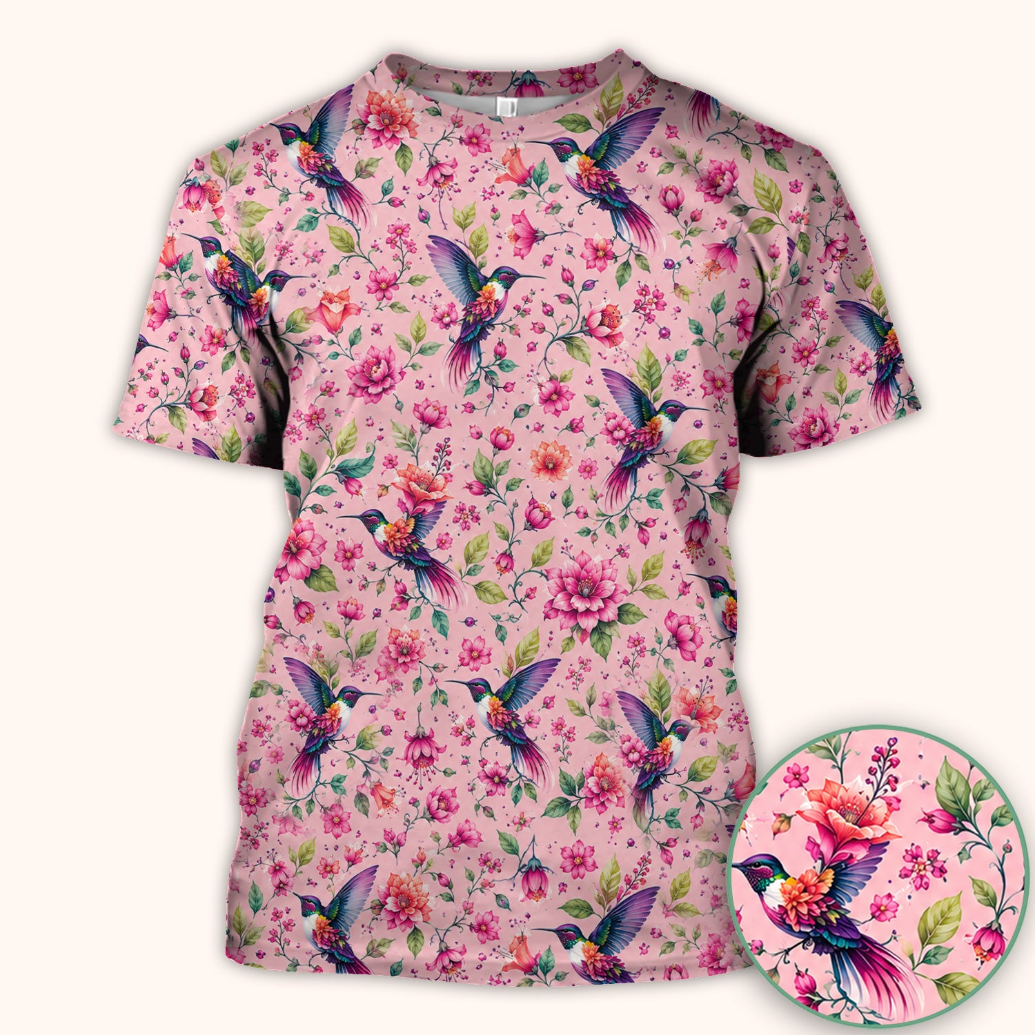 Pink Hummingbird Floral Garden Pattern Scrub Top, Comfortable Scrubs for Nurses