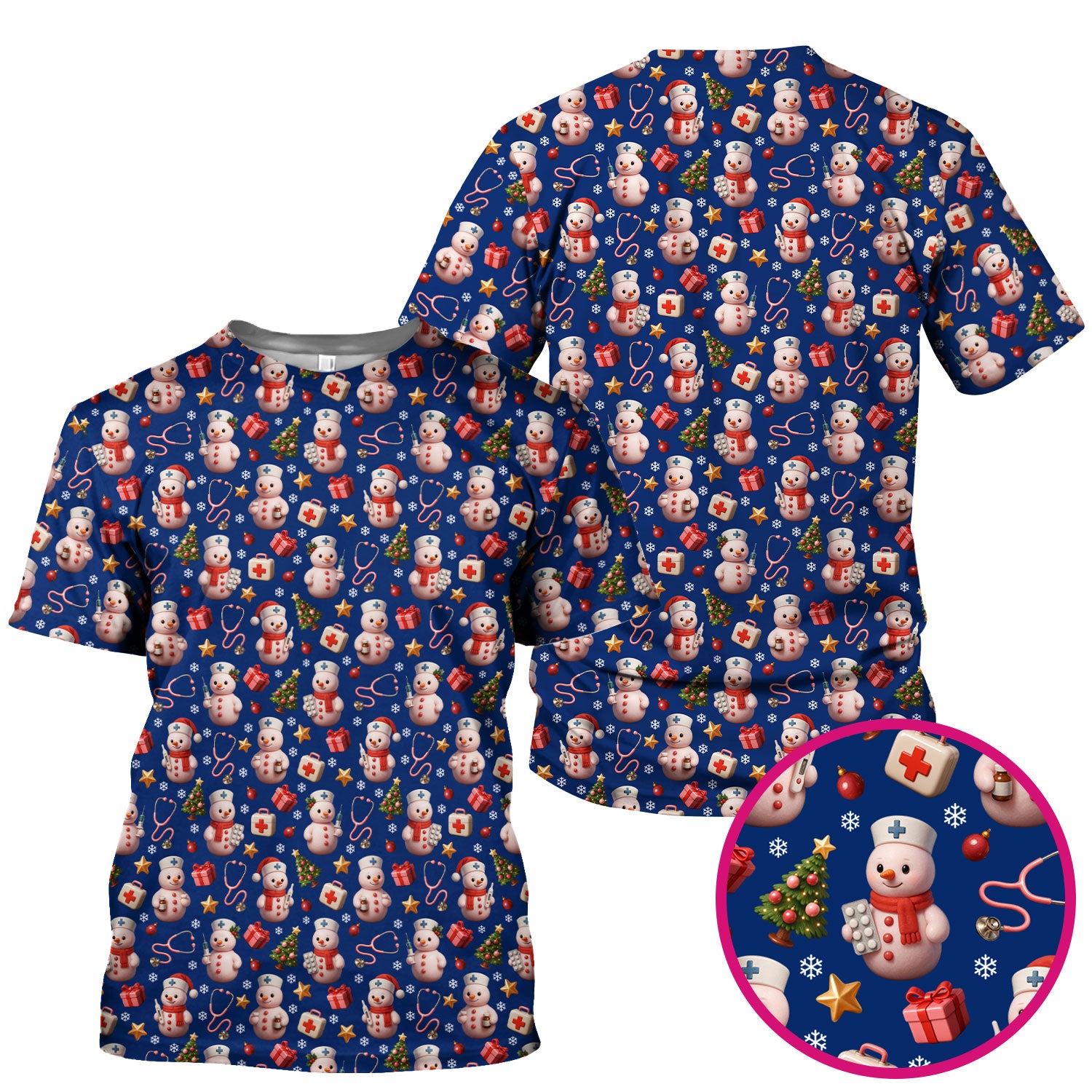 Snowman Pattern Christmas Nurse Scrub Top - Cute Holiday Medical Shirt - Funny Festive Scrubs Gift for RN LPN CNA Nurses