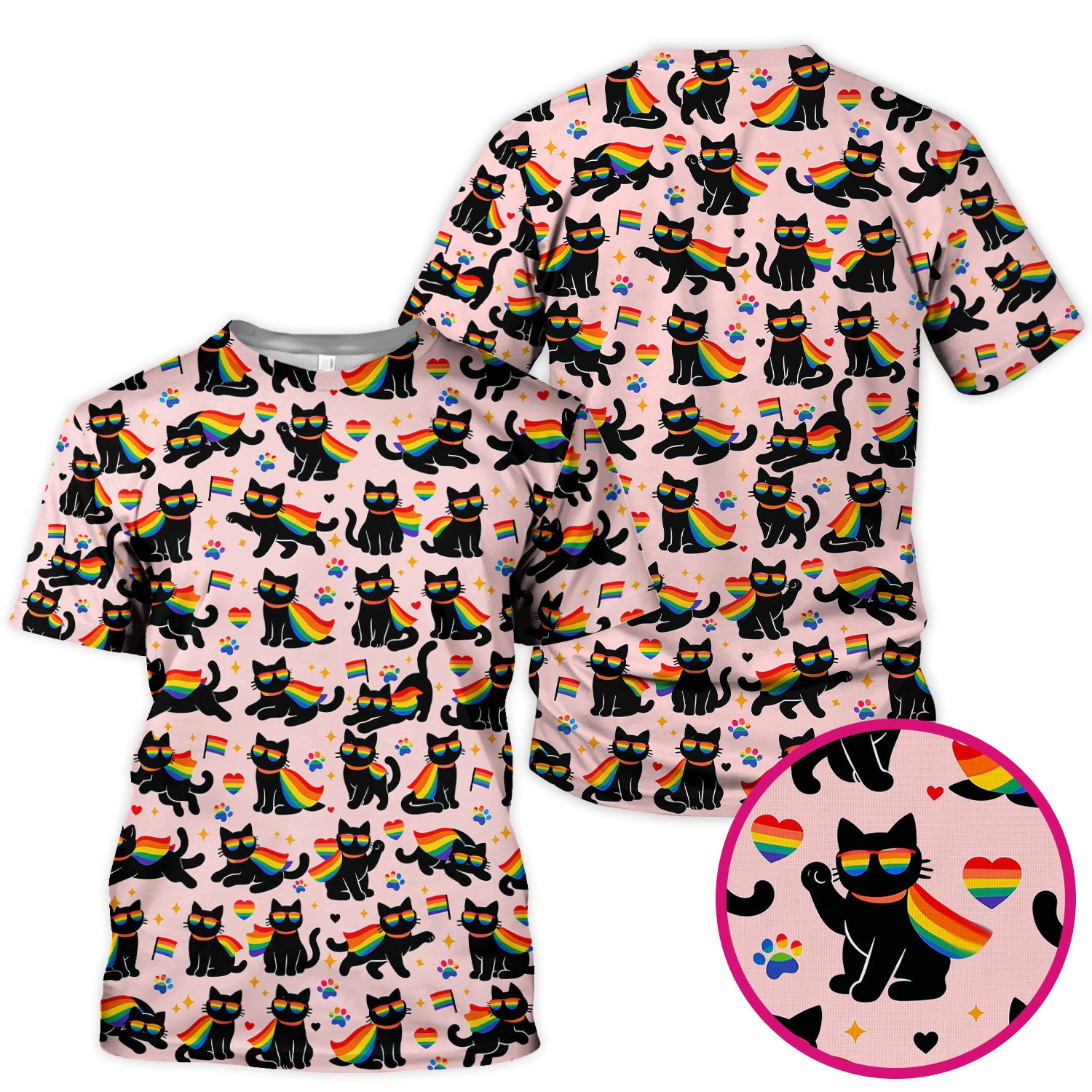 Rainbow Black Cat Pride Pattern Scrub Top, Breathable Fabrics Nursing Uniform