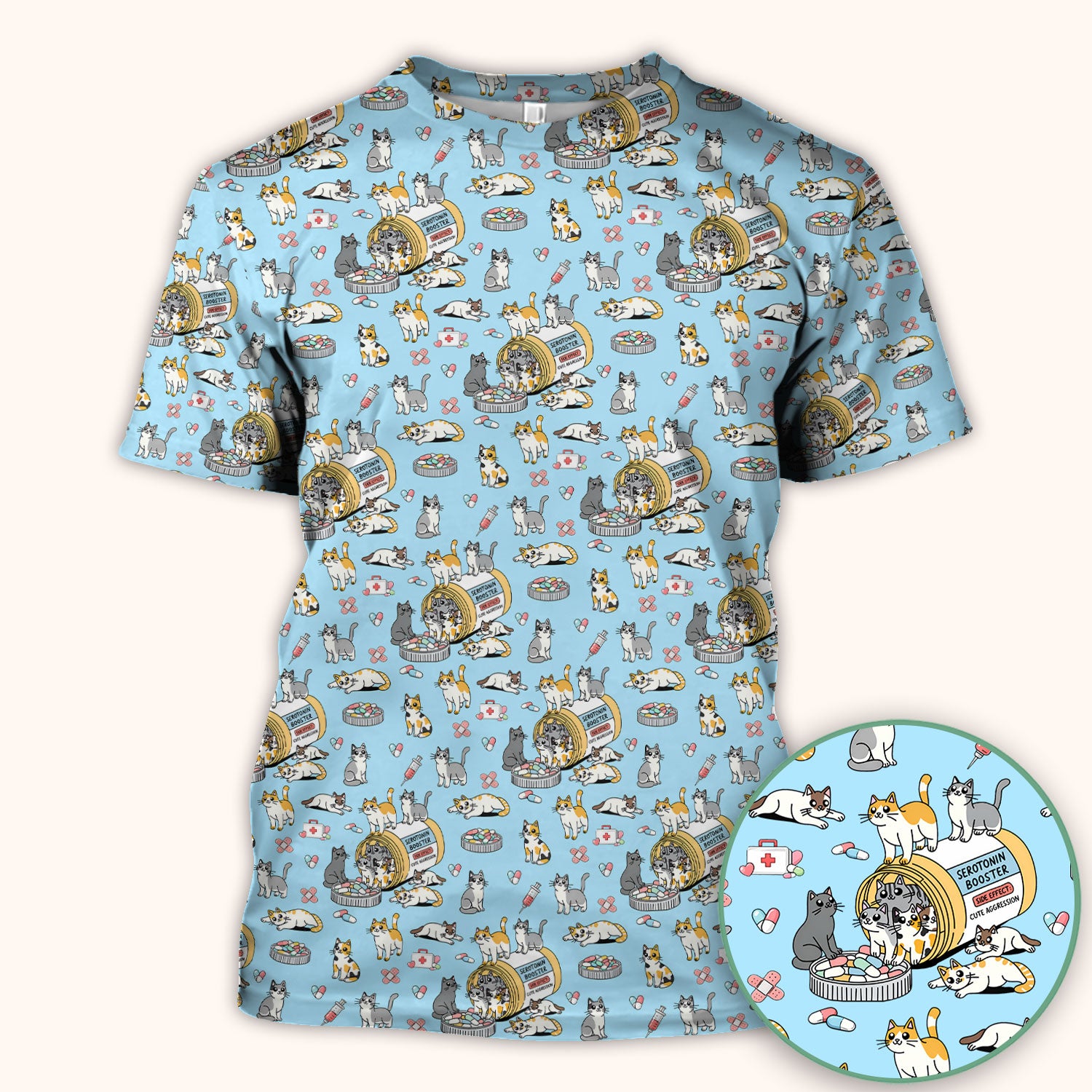 Cute Cat Serotonin Booster Pattern Scrub Top, Comfortable Scrubs for Nurses