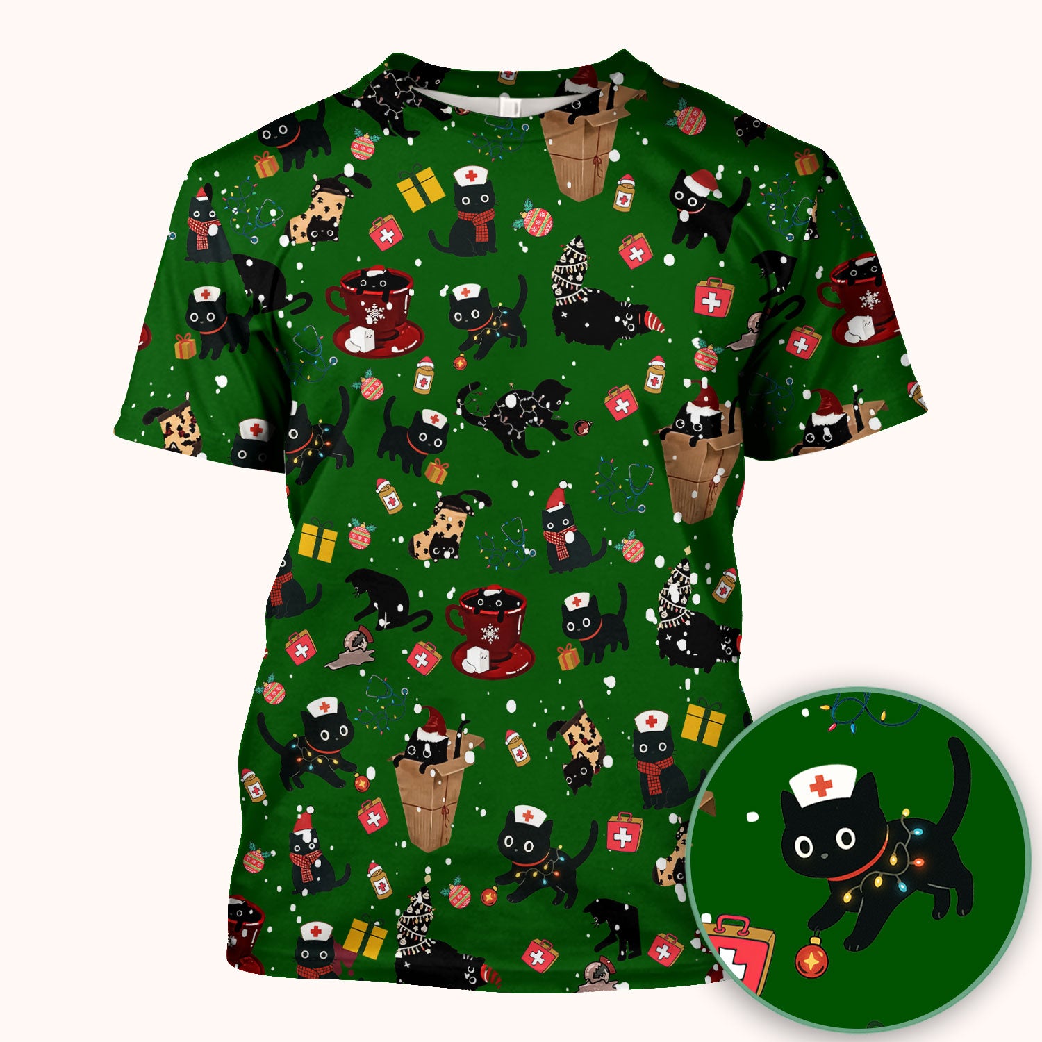 Funny Cat Scrub for Women - Christmas Black Cats Comfortable Scrubs for Nurses - Breathable Fabrics Nursing Uniform