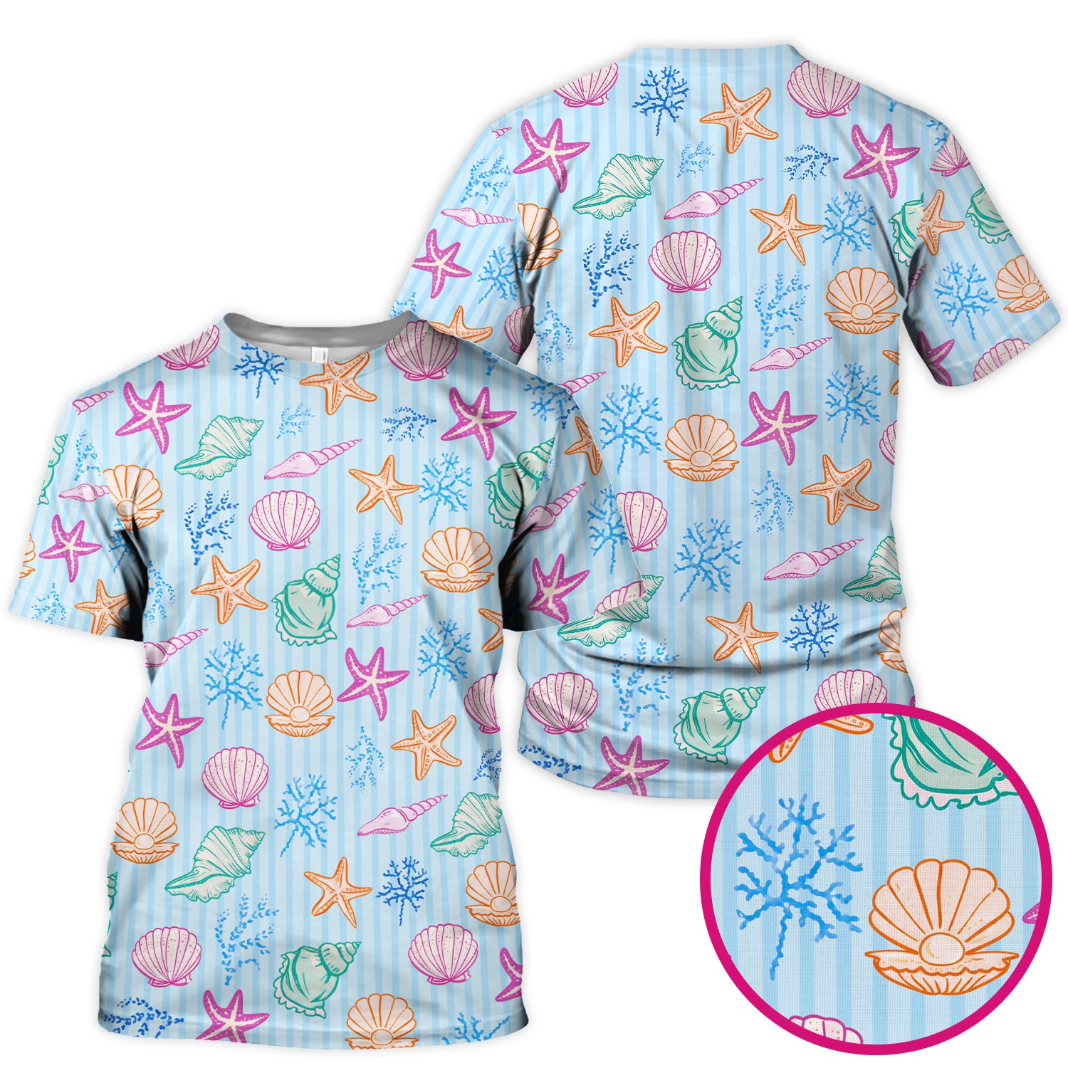 Colorful Seashell Starfish Ocean Stripe Pattern Scrub Top, Breathable Fabrics Nursing Uniform