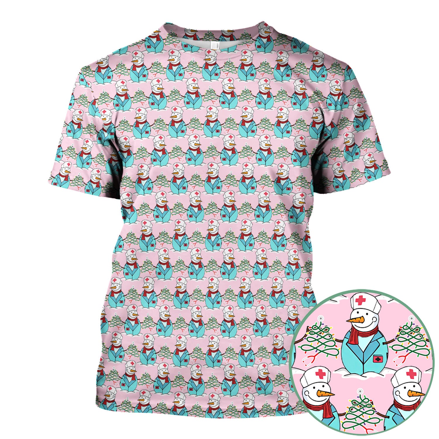 Christmas Nurse Scrubs for Women - Cute Snowman Medical Print Top - Multi Color Custom Nursing Shirt Holiday Gift for Healthcare Workers