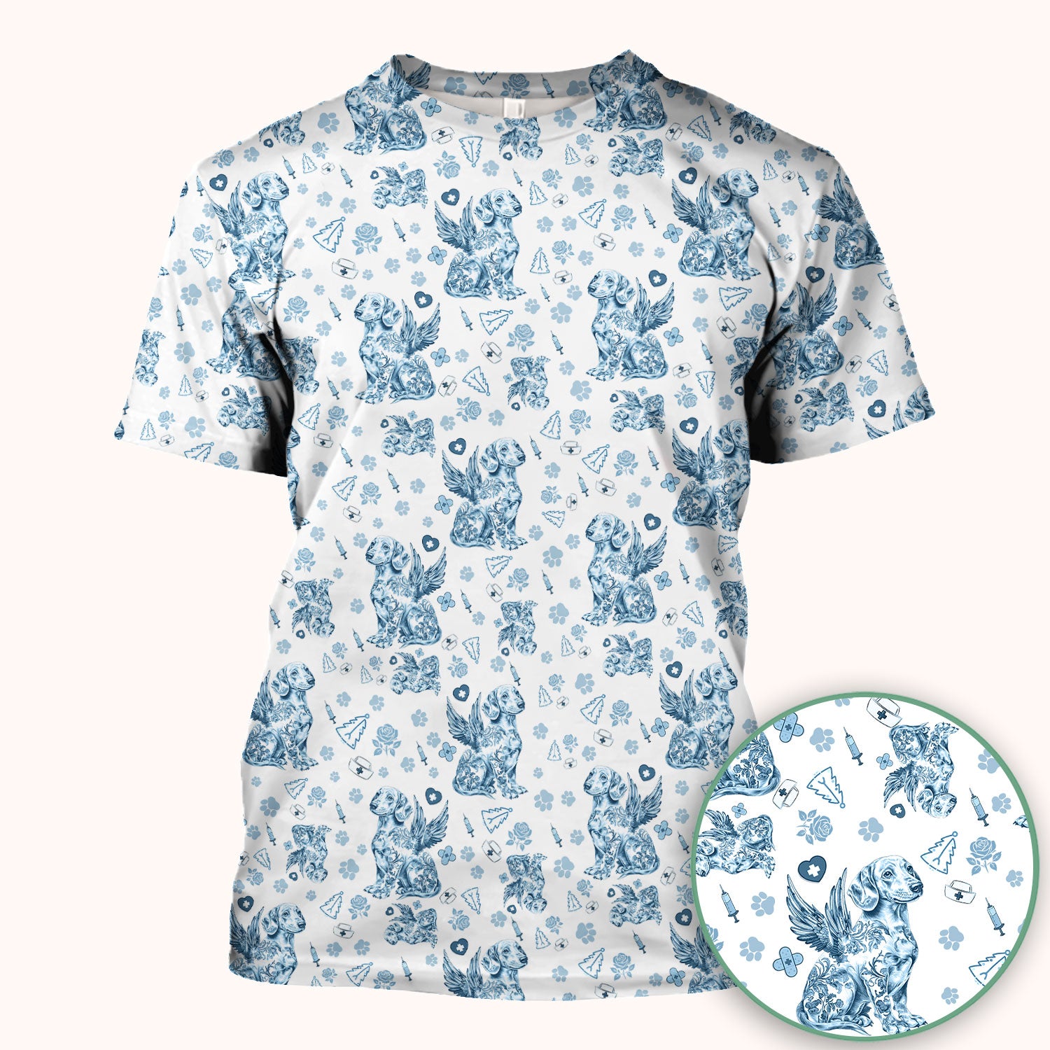 Toile de Jouy Dachshund Angel Scrub Top - Blue Vintage Dog Nurse Shirt - Memorial Christmas Gift