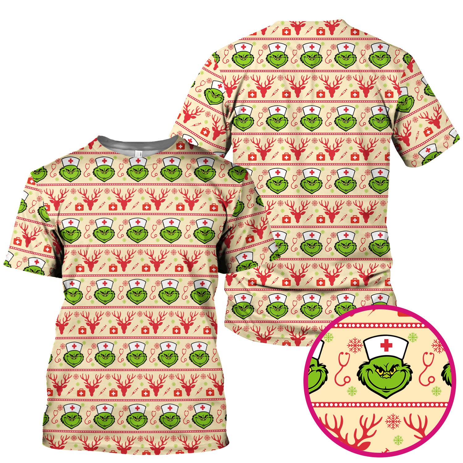 Grinch Nurse Ugly Christmas Scrub Top - Funny Holiday Nursing Scrubs Shirt - Cute Medical Workwear for Women with Festive Pattern