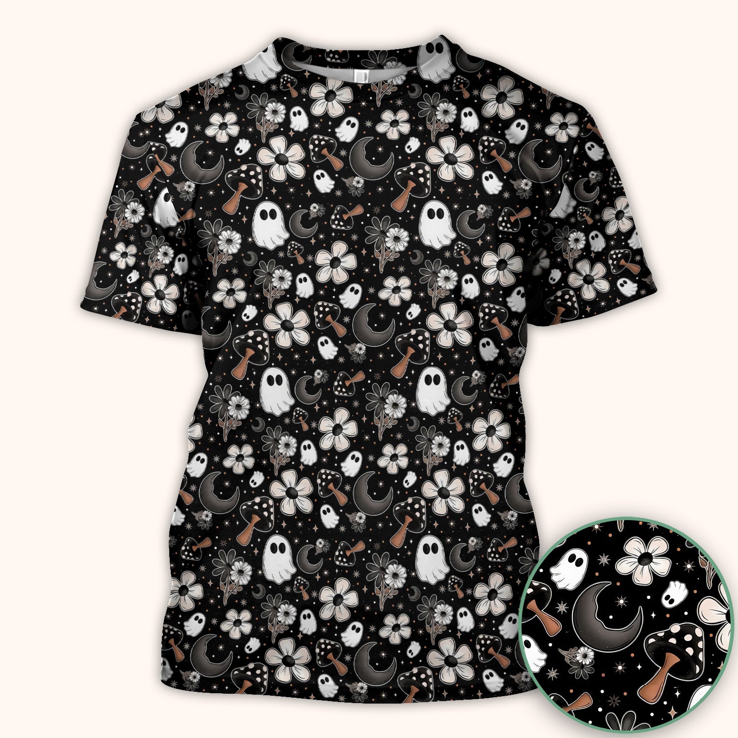 Floral Mushroom Ghost Pattern Scrub Top, Comfortable Scrubs for Nurses