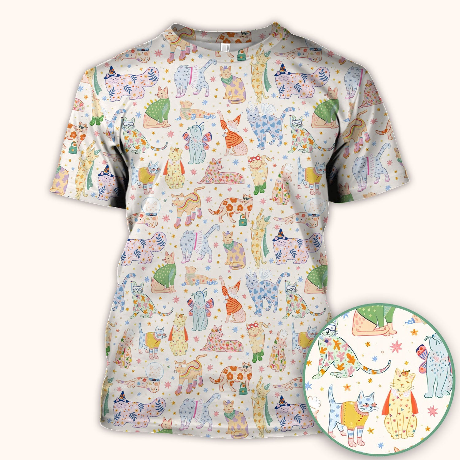 Colorful Pastel Cartoon Cats Print Scrub Top, Breathable Fabrics Nursing Uniform