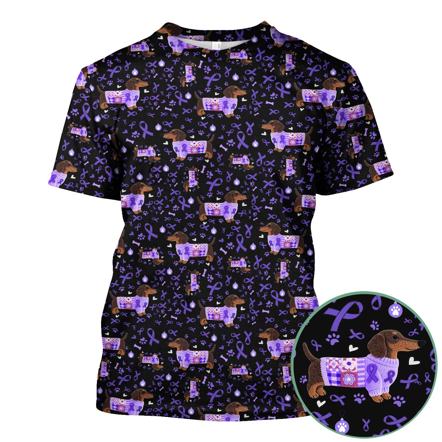 Purple Ribbon Dachshund Scrub Top for Nurses - Cute Awareness Dog Paw Prints - Support Lupus Cancer Med Uniform Gift for Women