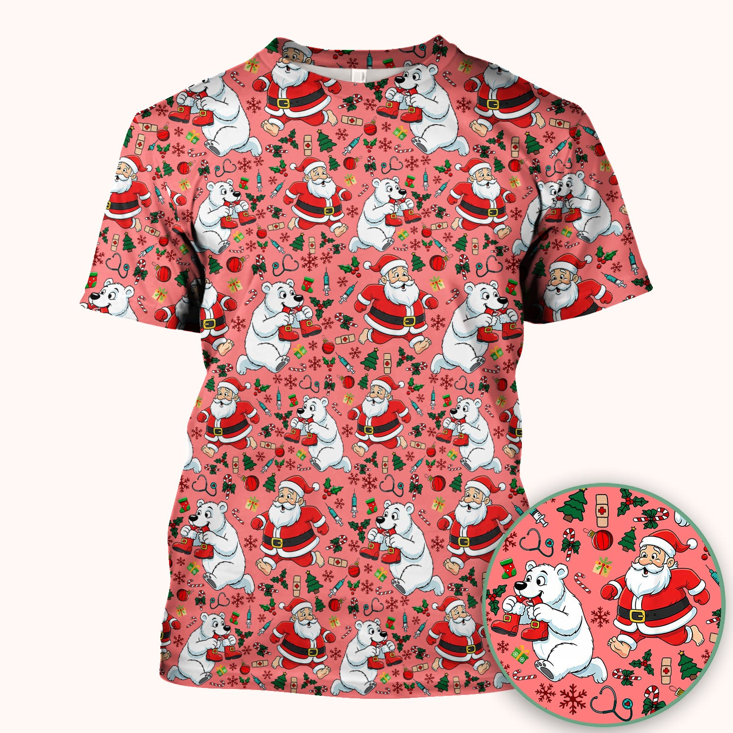 Christmas Santa & Polar Bear Scrub Top - Funny Holiday Nurse Shirt for Women - Cute Winter Medical Uniform