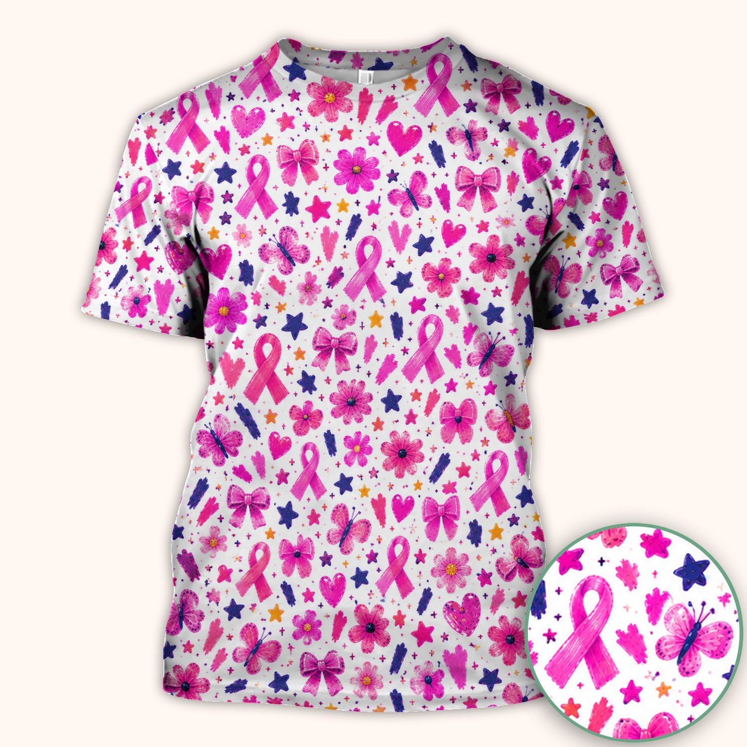 Pink Ribbon Floral Pattern Scrub Top, Comfortable Scrubs for Nurses