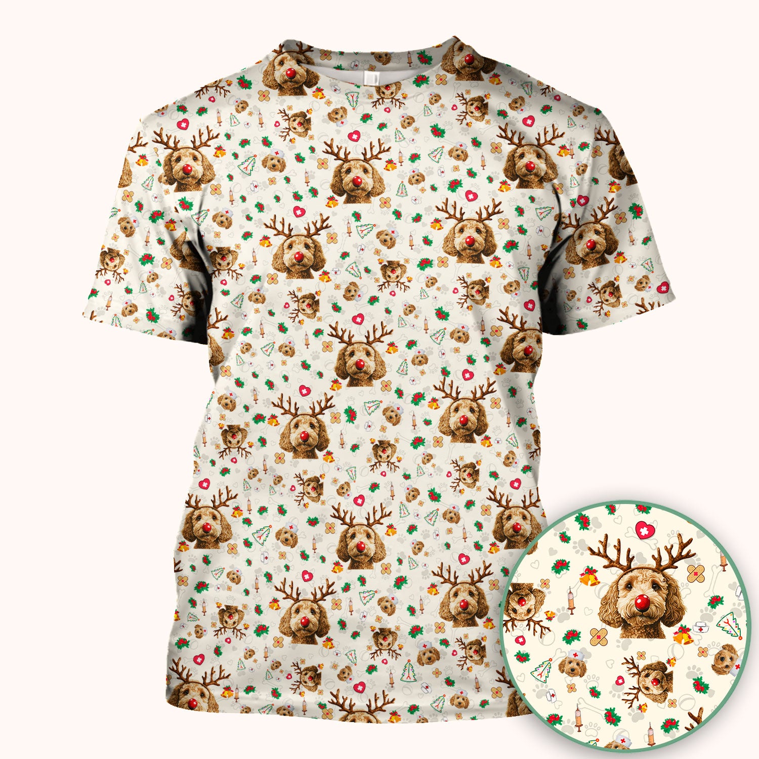 Labradoodle Reindeer Christmas Scrub Top - Funny Dog Nurse Shirt - Cute Holiday Medical Uniform for Women RN LPN CNA Gift