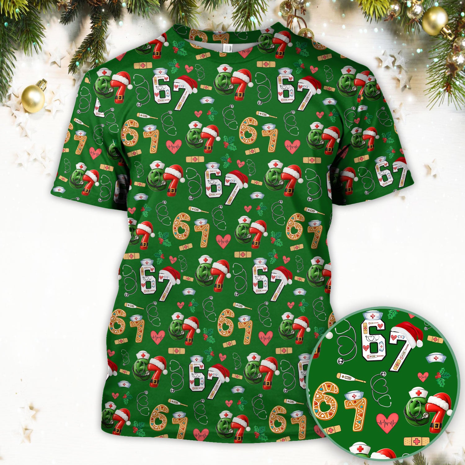 Christmas Nurse 67 Pattern Scrub Top, Cute Holiday Medical Shirt With Santa Hat, Uniform For Nursing