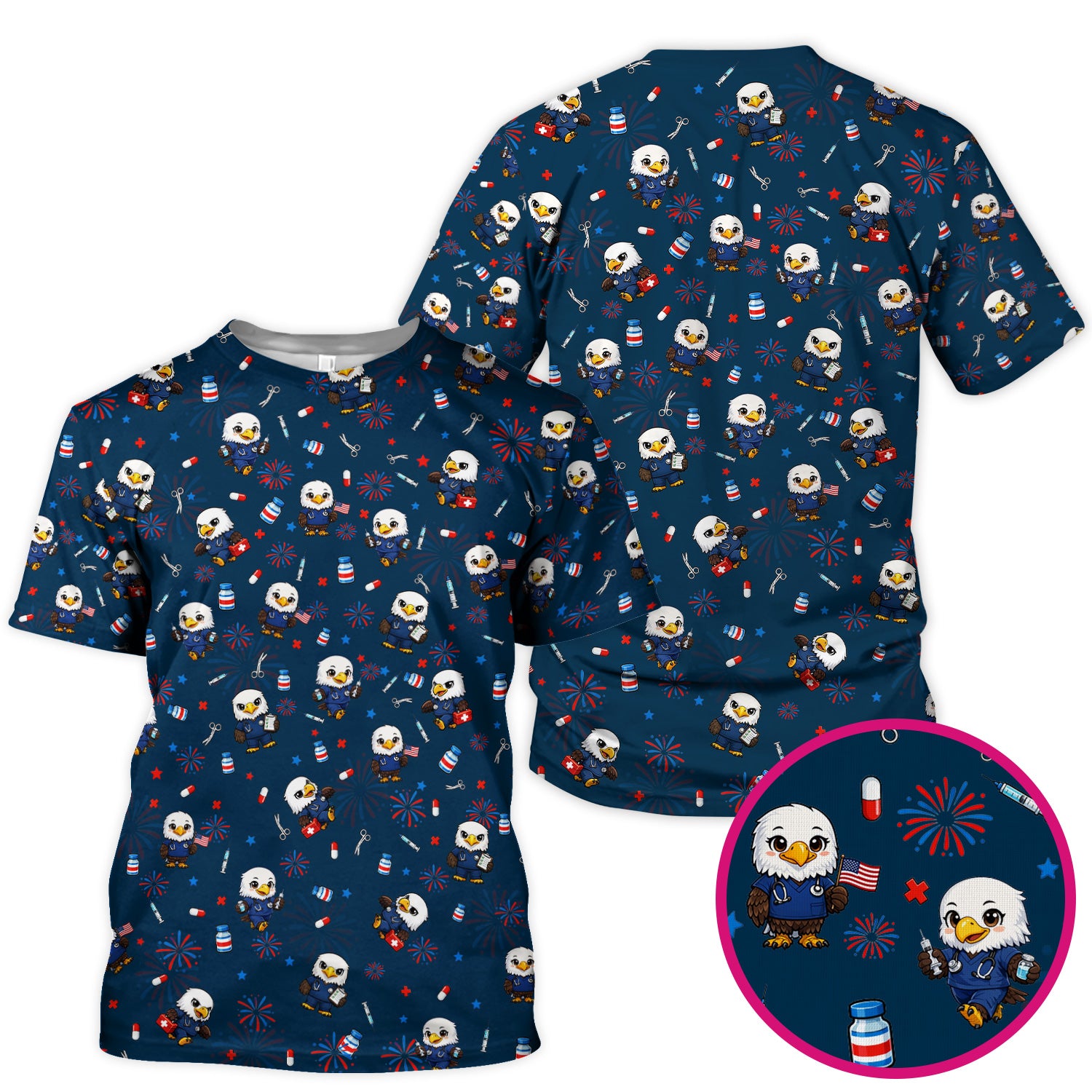 Patriotic Nurse Eagle Fireworks Medical Pattern Scrub Top, Breathable Fabrics Nursing Uniform