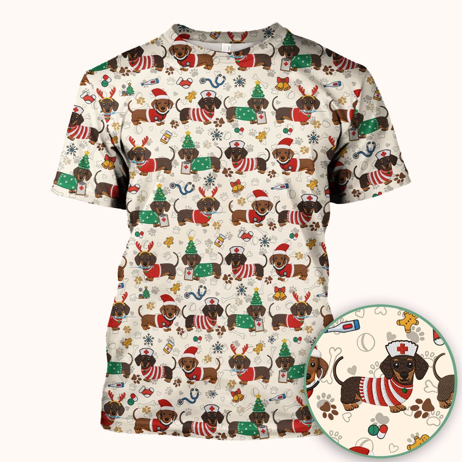 Christmas Dachshund Scrub Top for Nurses - Cute Wiener Dog Pattern Medical Shirt - Festive Holiday Scrubs Gift for Women RN CNA LPN