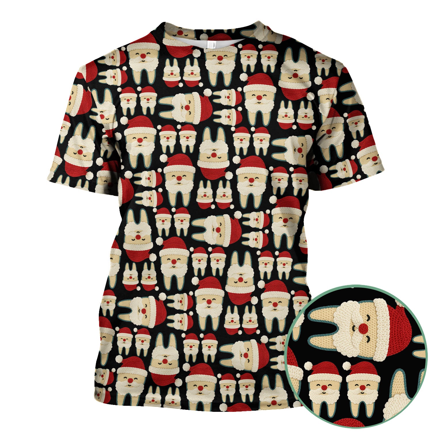 Christmas Tooth Scrub Top - Cute Santa Tooth Pattern for Dentists & Hygienists - Crochet Style Holiday Medical Uniform for Women