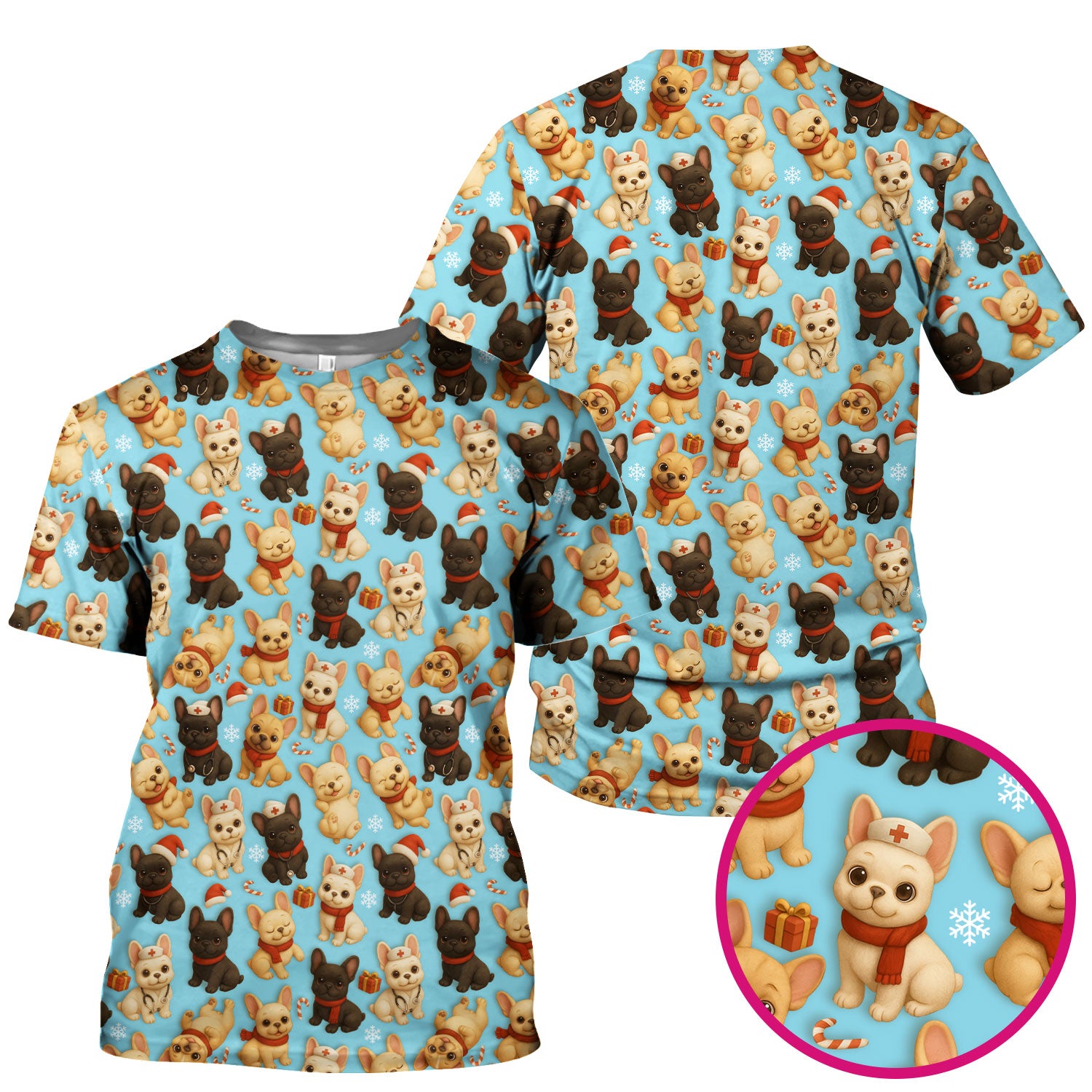 Christmas Dog Scrubs for Women - Cute French Bulldog Pattern Medical Scrub Top - Festive Holiday Nurse Scrubs with Adorable Puppy Design