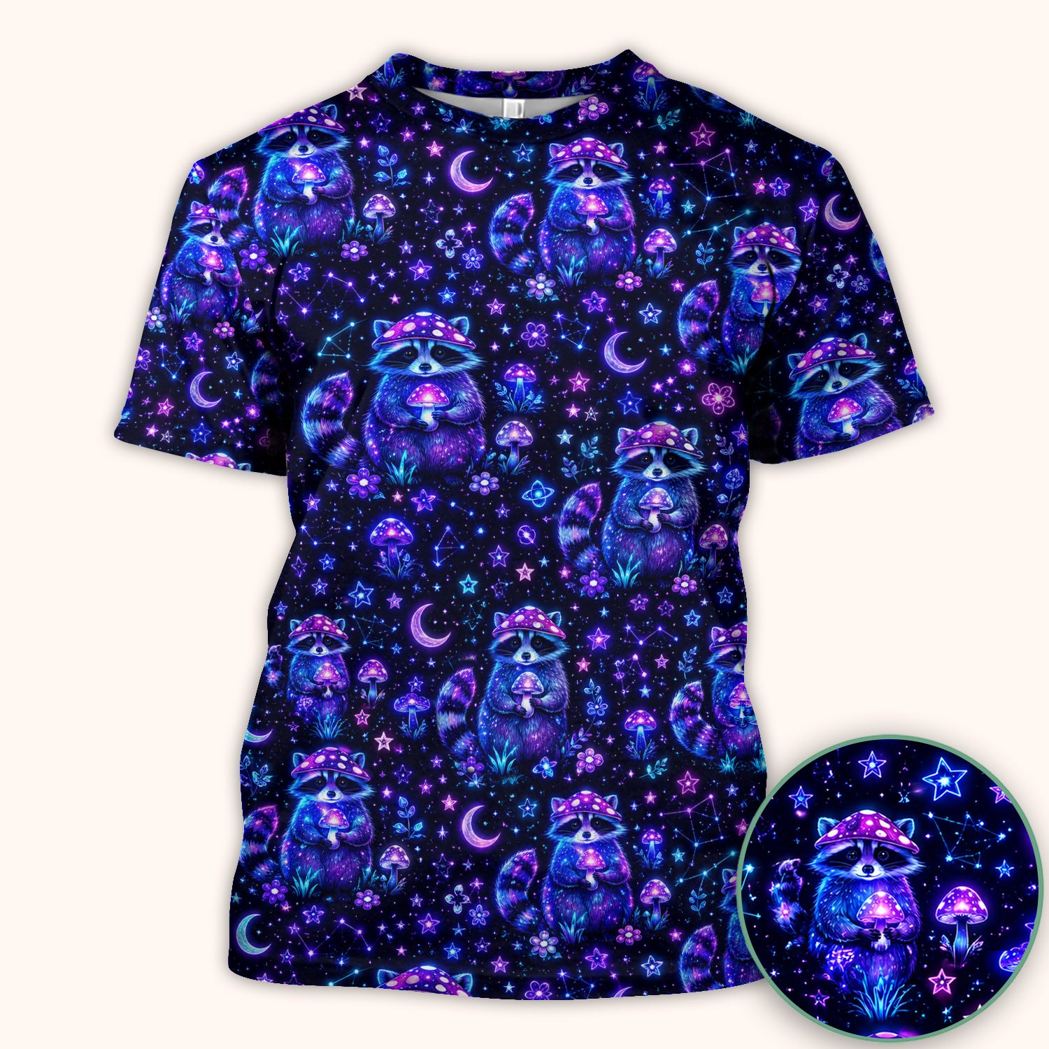 Neon Mushroom Raccoon Nurse Scrub Top for RN, CNA, Pediatric Nurses, Galaxy Uniform