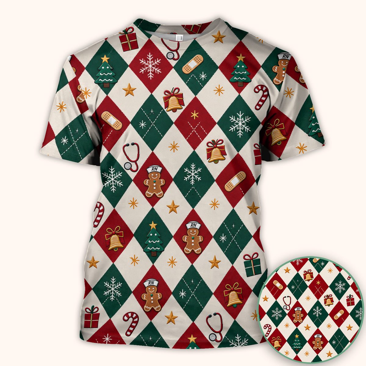 Christmas Gingerbread Nurse Argyle Scrub Top, Comfortable Scrubs for Nurses