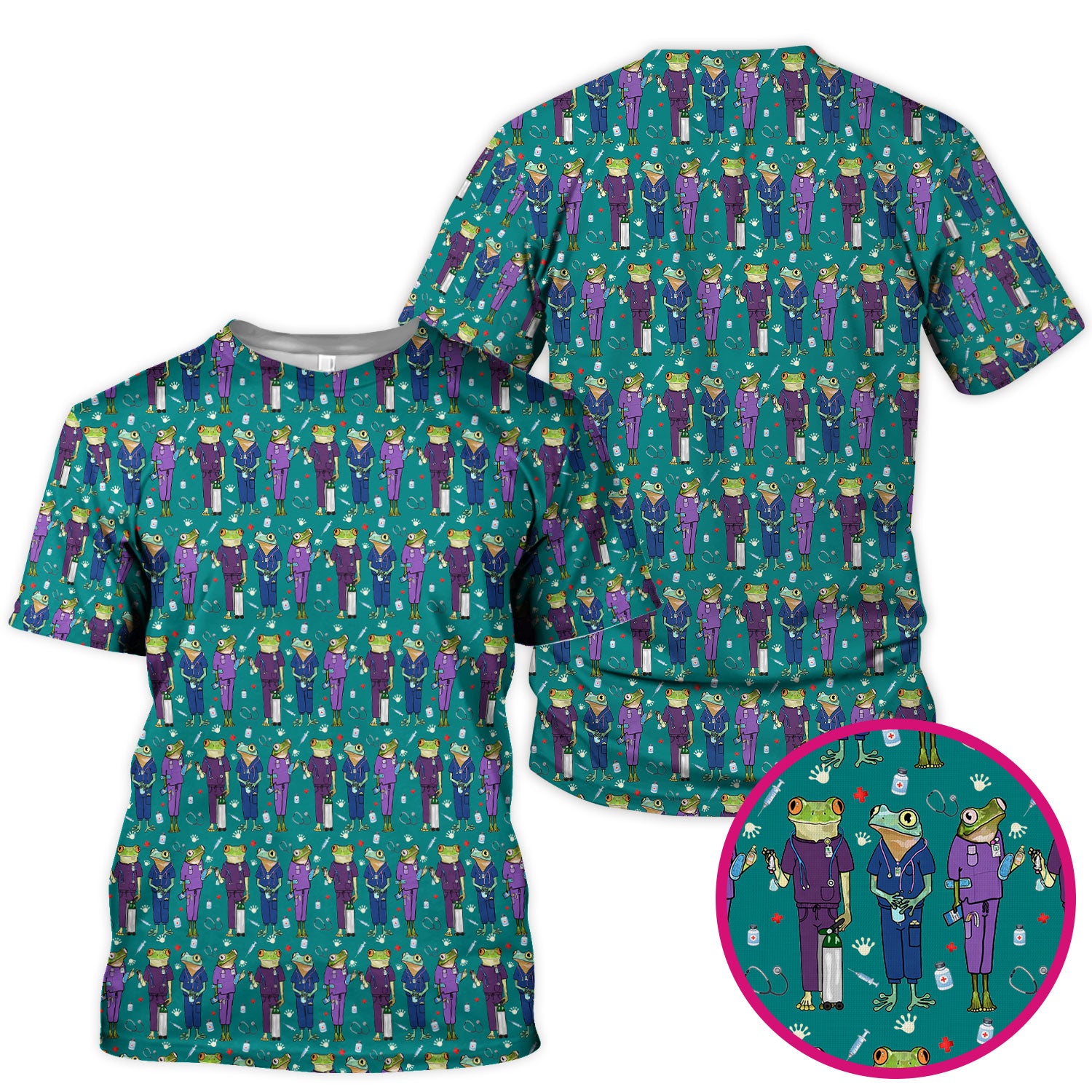 Funny Frog Nurse Pattern Scrub Top, Breathable Healthcare Uniform Top