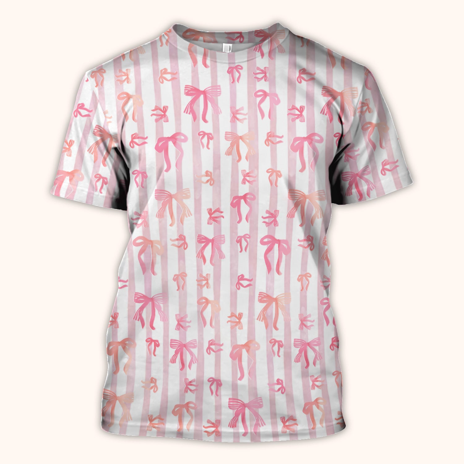 Pink Bow Stripe Pattern Print Scrub Top, Comfortable Scrubs for Nurses