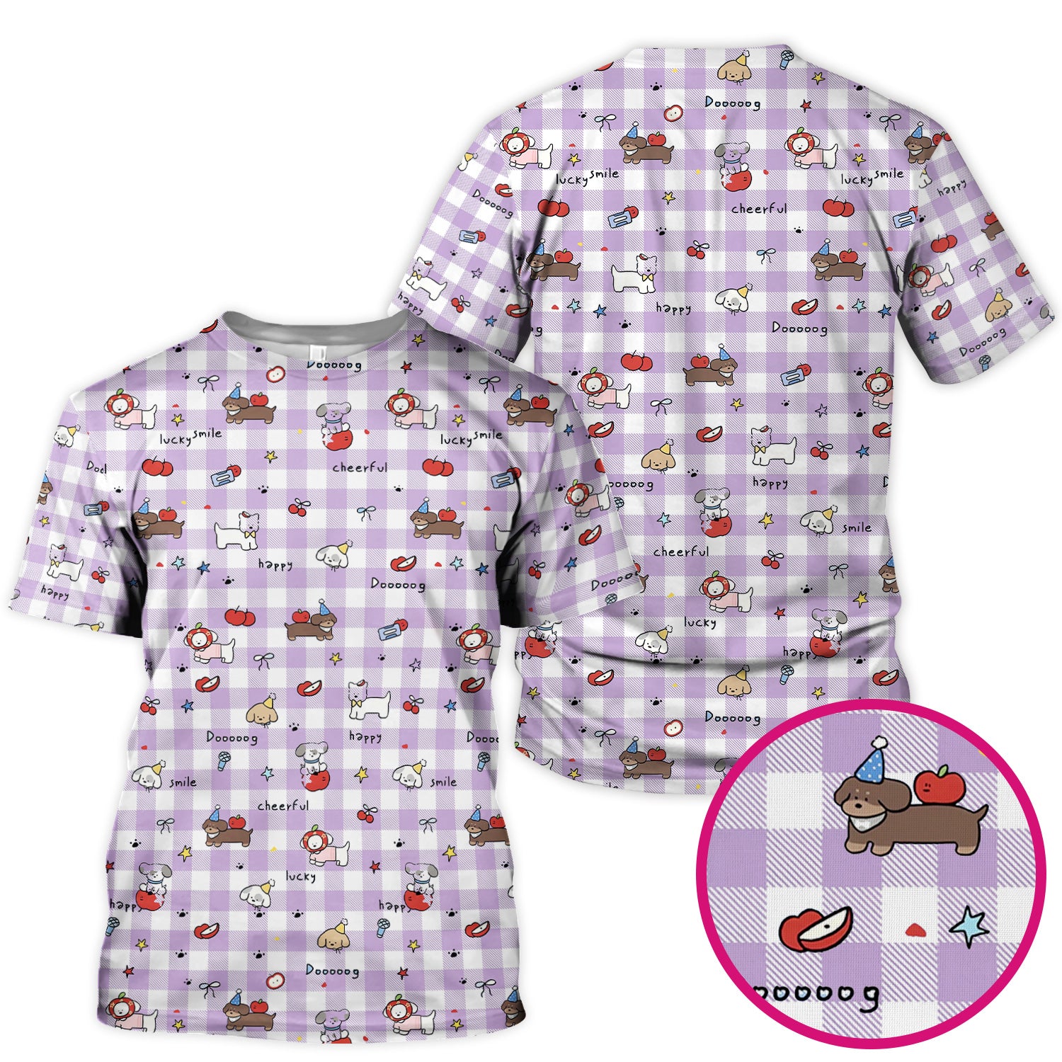 Cute Nurse Cartoon Puppy Apple Gingham Scrub Top, Breathable Fabrics Nursing Uniform