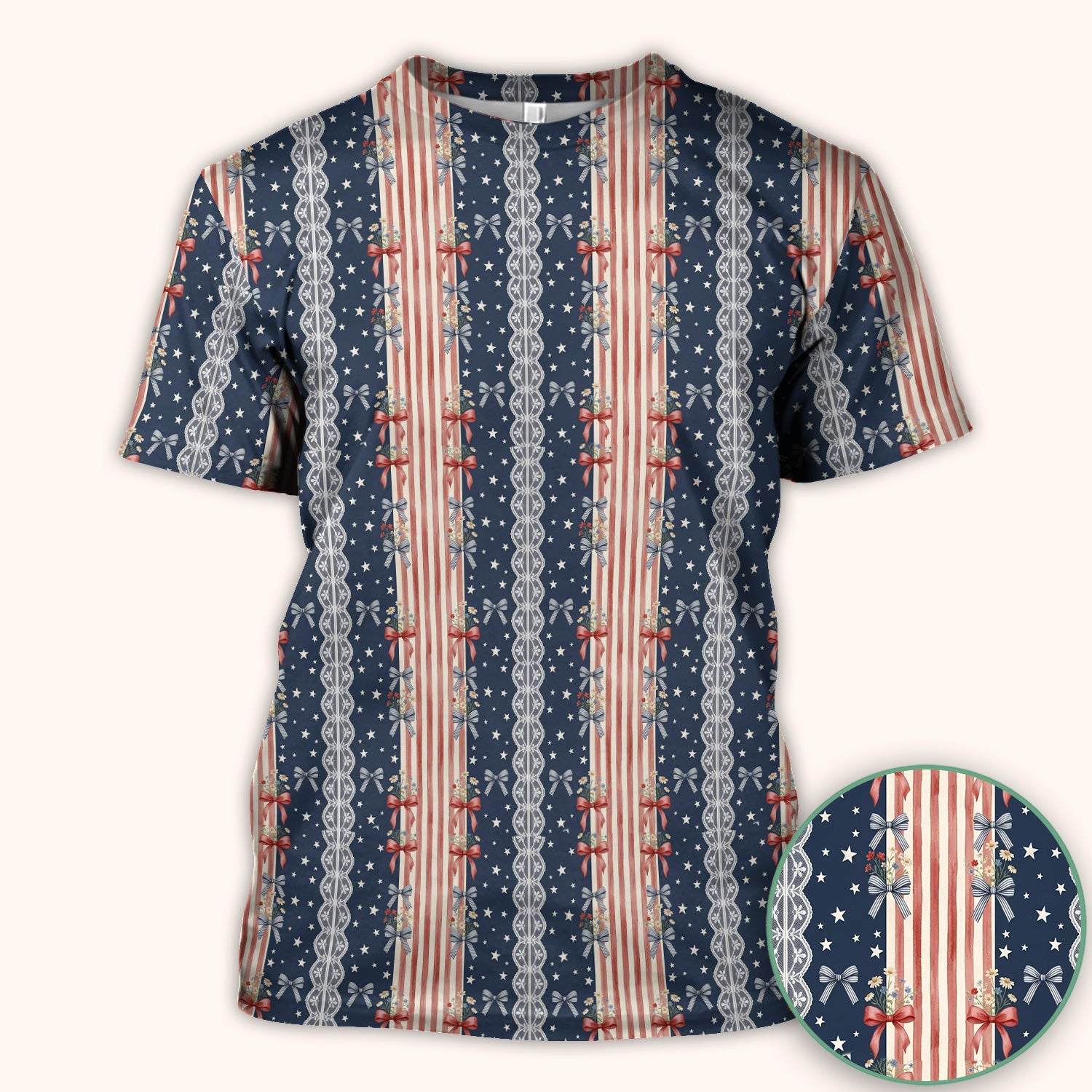 Patriotic Bow Lace Stripe Pattern Scrub Top, Comfortable Scrubs for Nurses