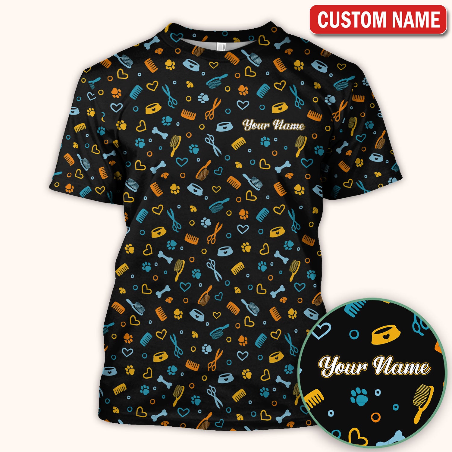 Custom Name Dog Cat Grooming Pattern Scrub Top, Breathable Fabrics Nursing Uniform