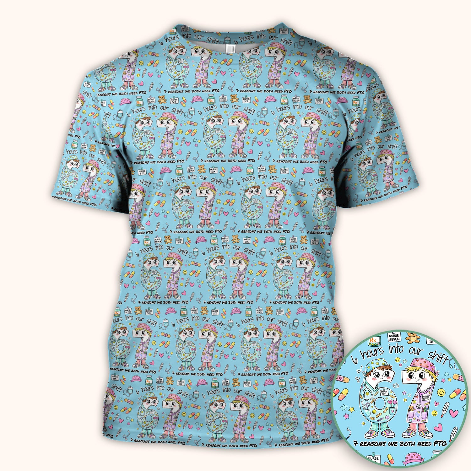 Cartoon Characters Six Hours Into Shift With Medical Doodle Scrub Top, Breathable Fabrics Nursing Uniform