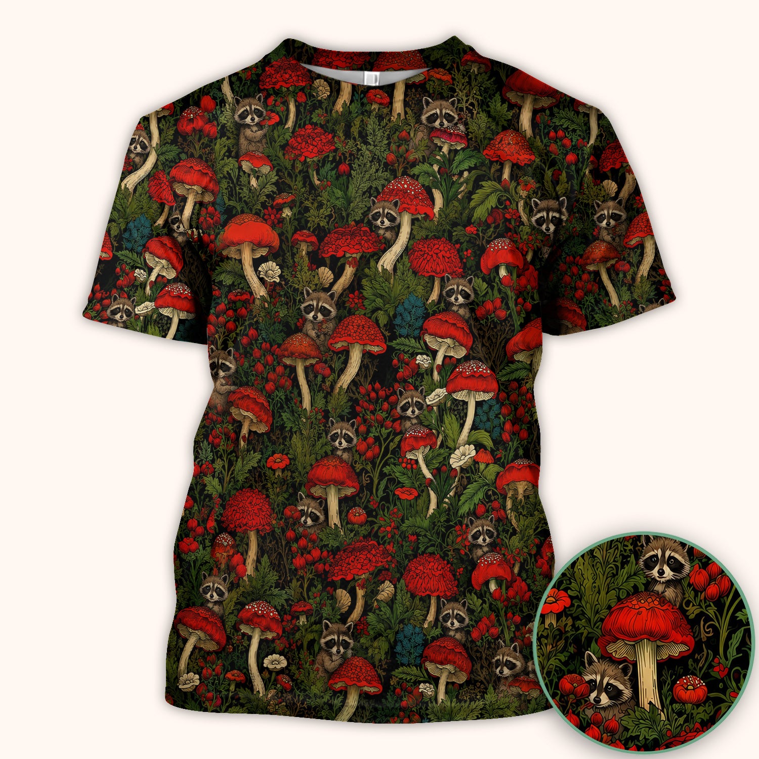 Woodland Raccoon Red Mushroom Pattern Scrub Top, Comfortable Scrubs for Nurses