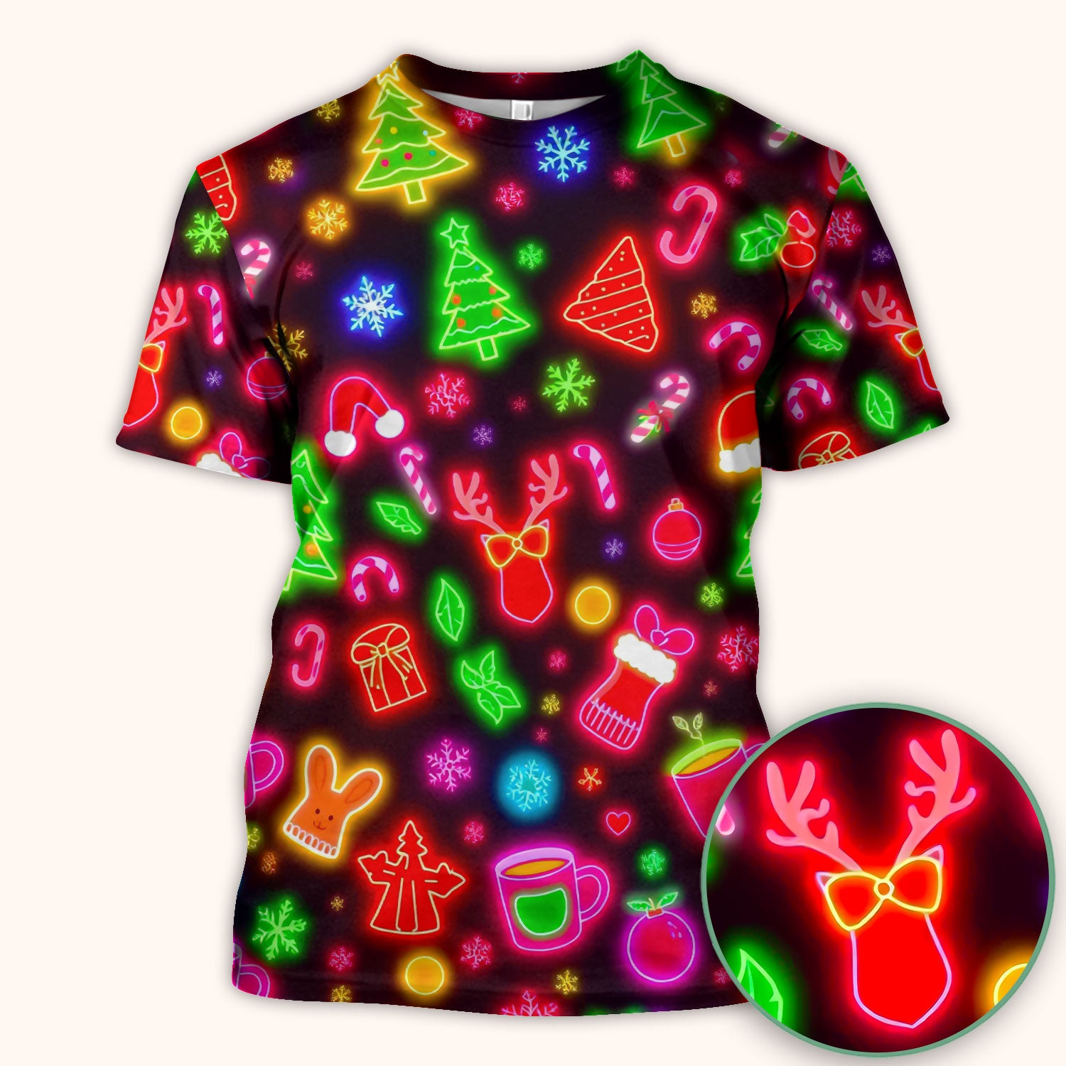 Reindeer Neon Xmas Scrub Top, Christmas Pattern Scrub Shirt,  Breathable Fabrics Nursing Uniform