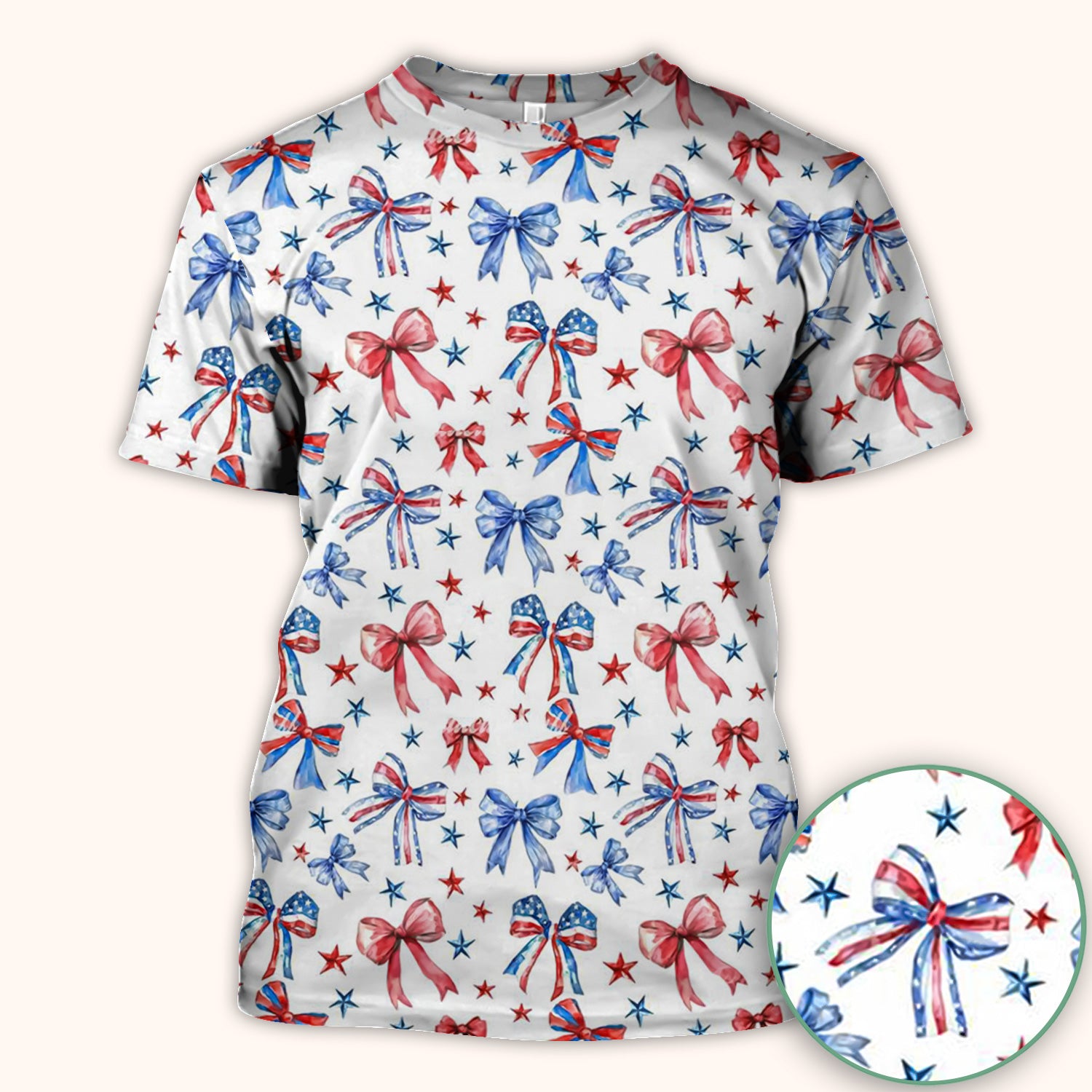 Festive Patriotic Ribbon Bow Star Pattern Scrub Top, Comfortable Scrubs for Nurses