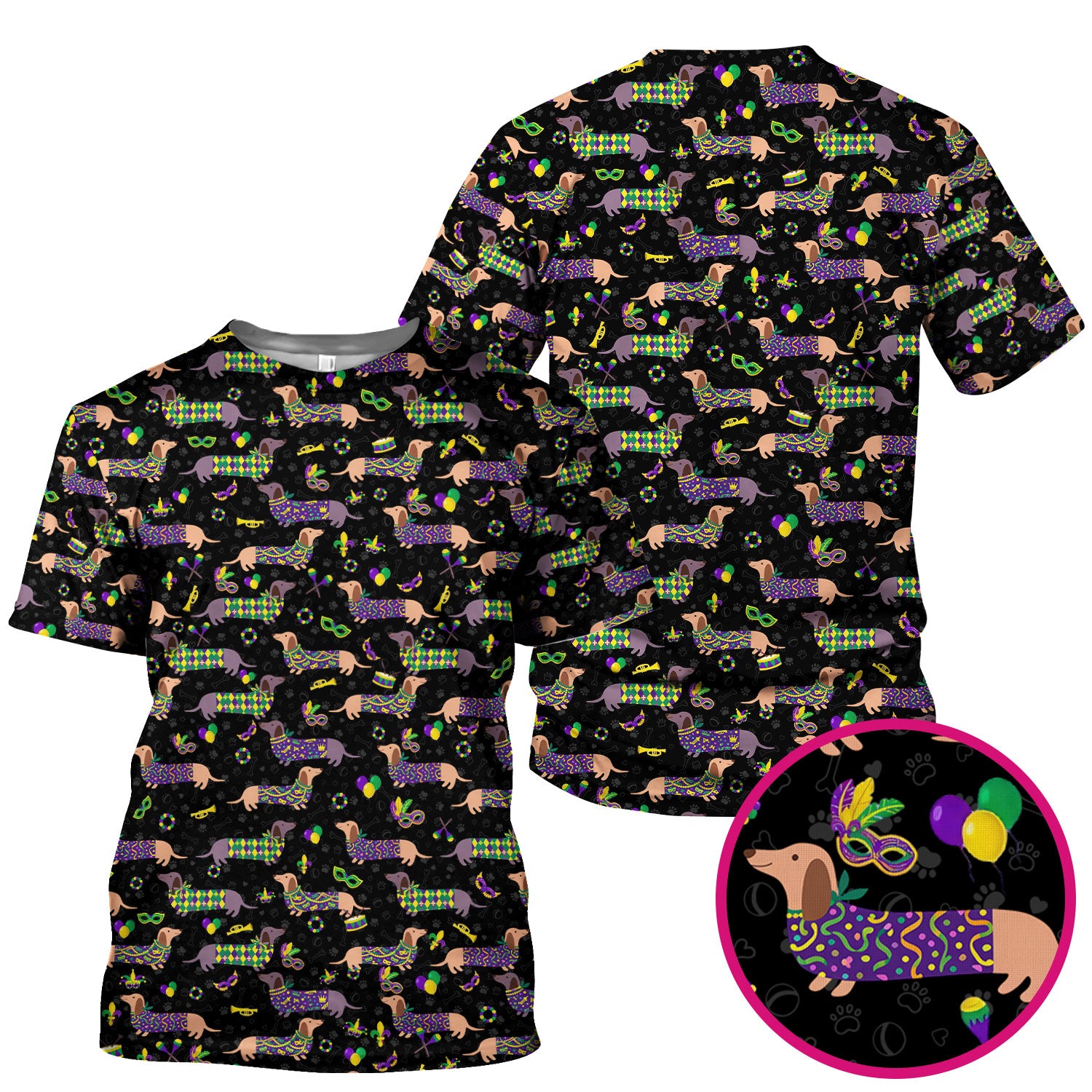 Mardi Gras Dachshund Nurse Scrub Top, Wiener Dog Holiday Pattern Nurses Shirt, Comfortable Uniform Scrubs For Nursing