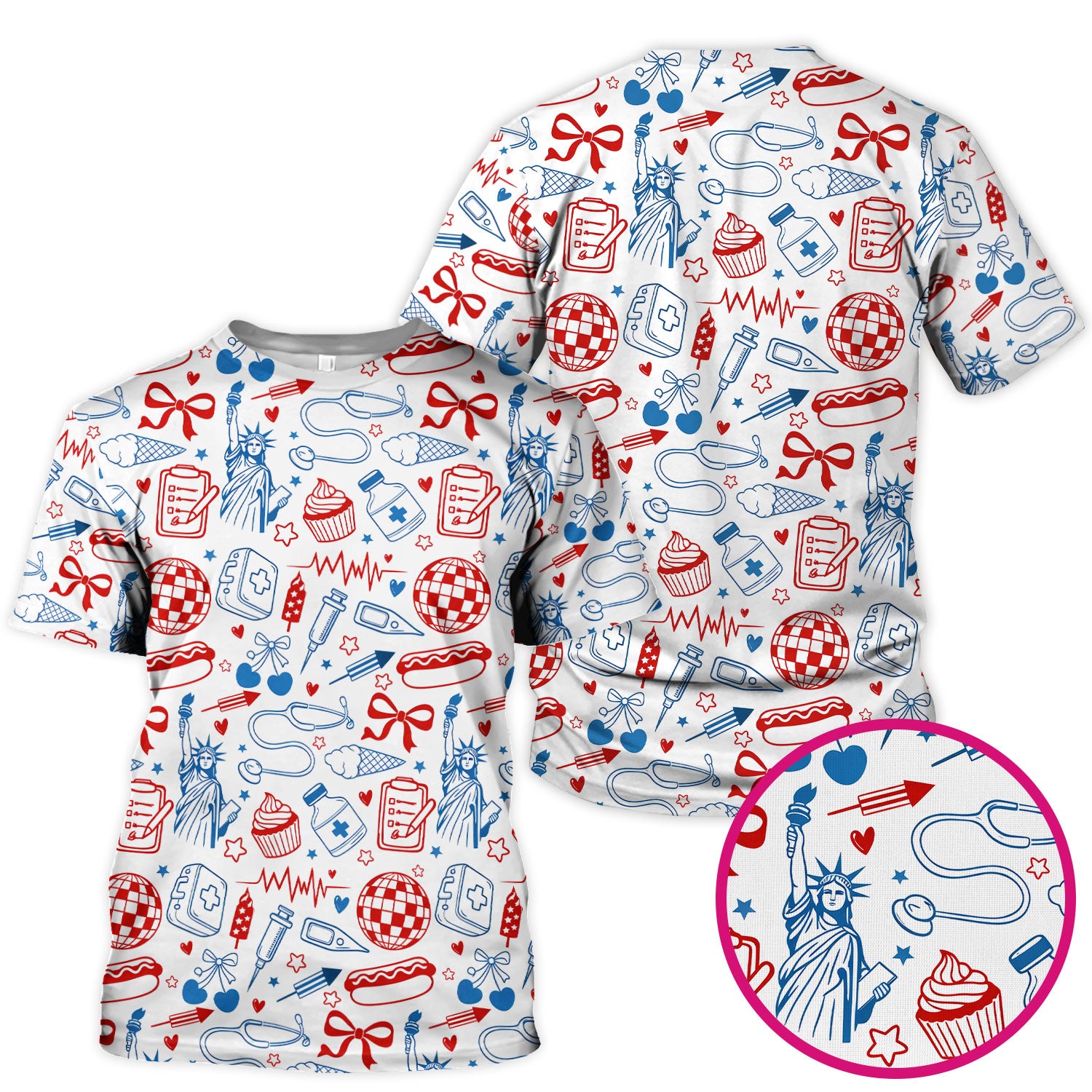 Patriotic Nurse Medical Icons Pattern Scrub Top, Breathable Fabrics Nursing Uniform