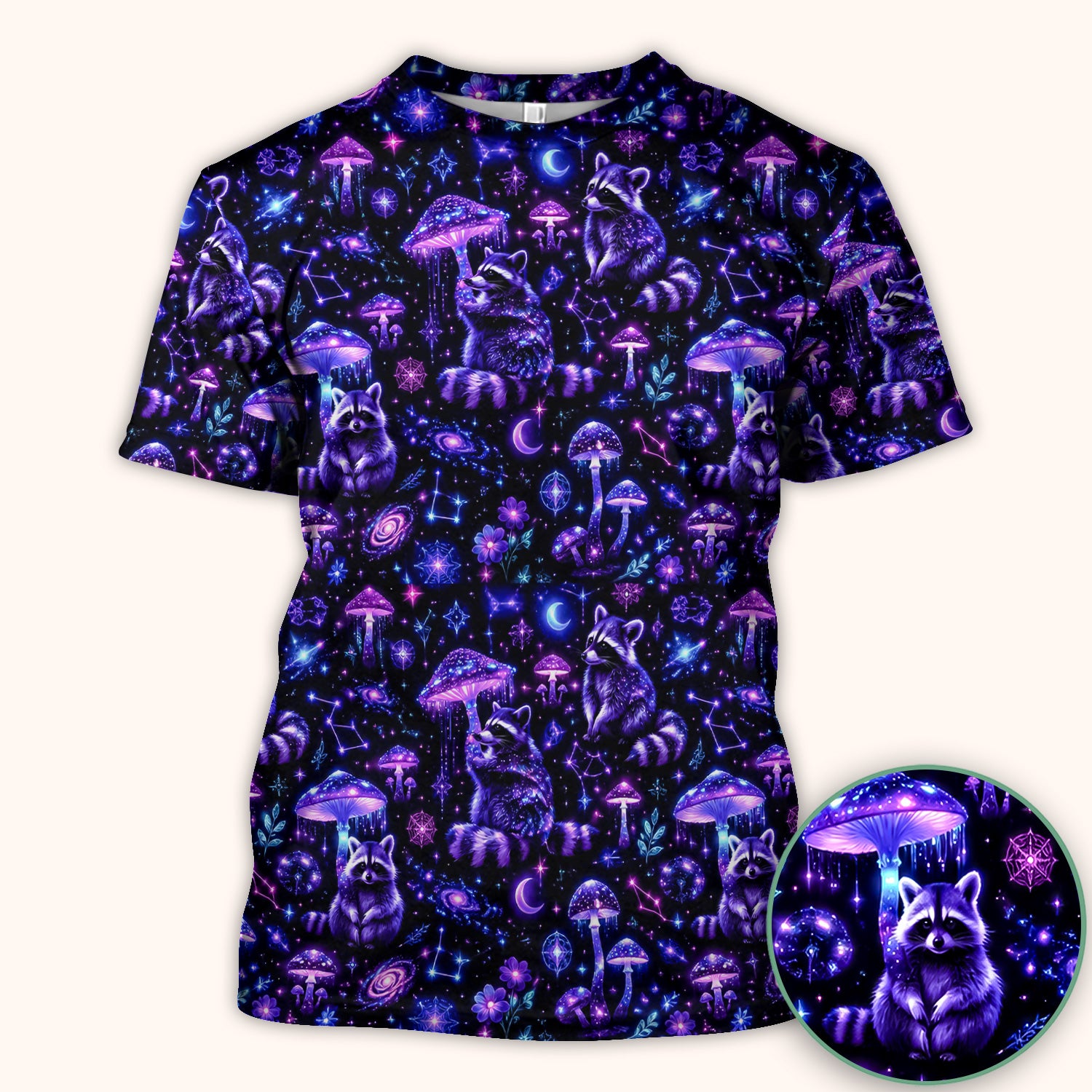 Cosmic Raccoon Mushroom Print Scrub Top, Comfortable Scrubs for Nurses