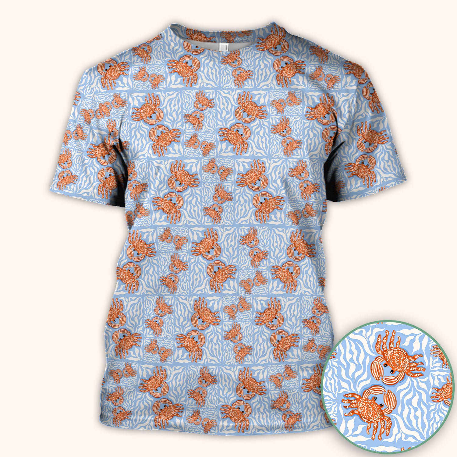 Cute Coastal Crab Print Scrub Top, Breathable Fabrics Nursing Uniform