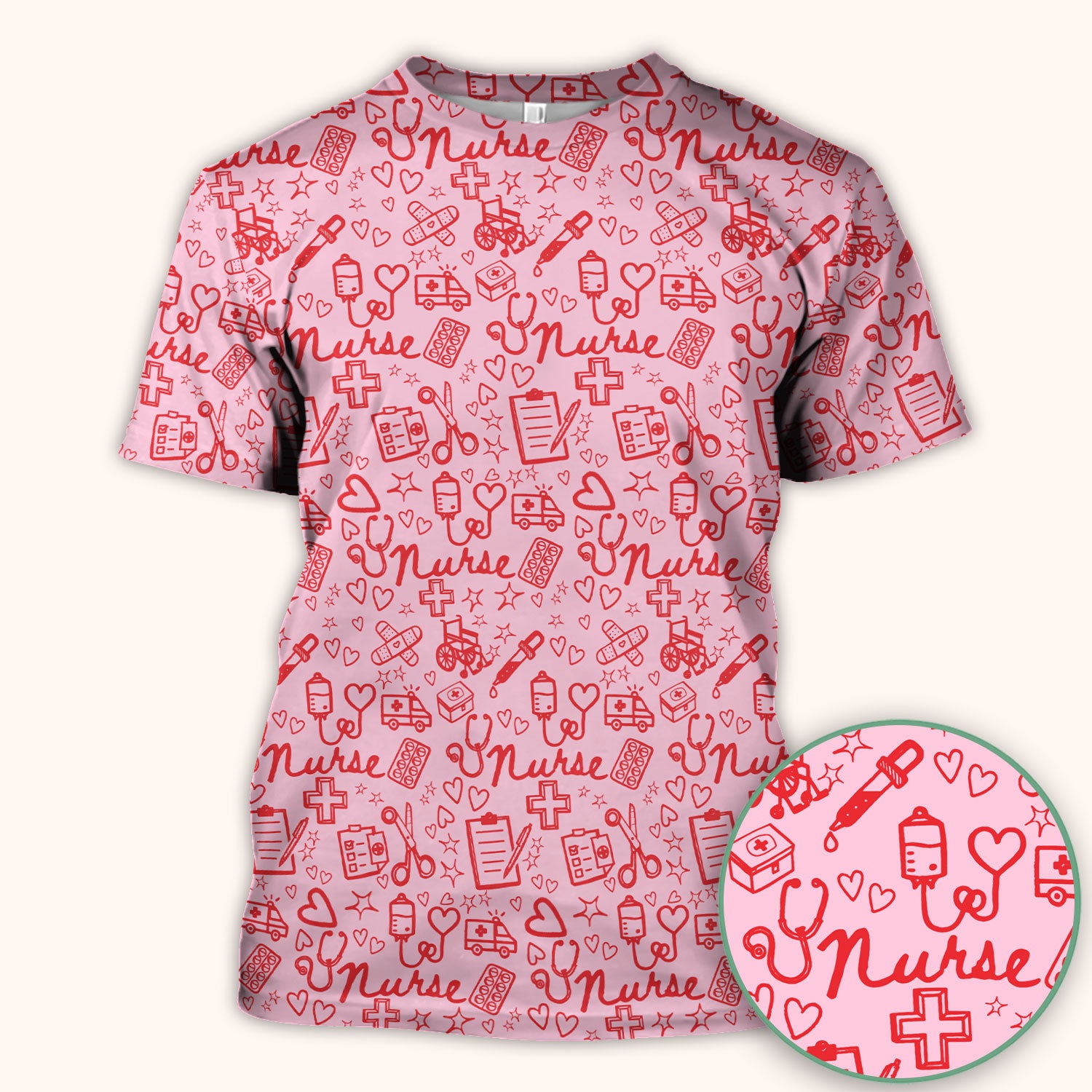 Cute Nurse Heart Medical Pattern Scrub Top, Comfortable Scrubs for Nurses