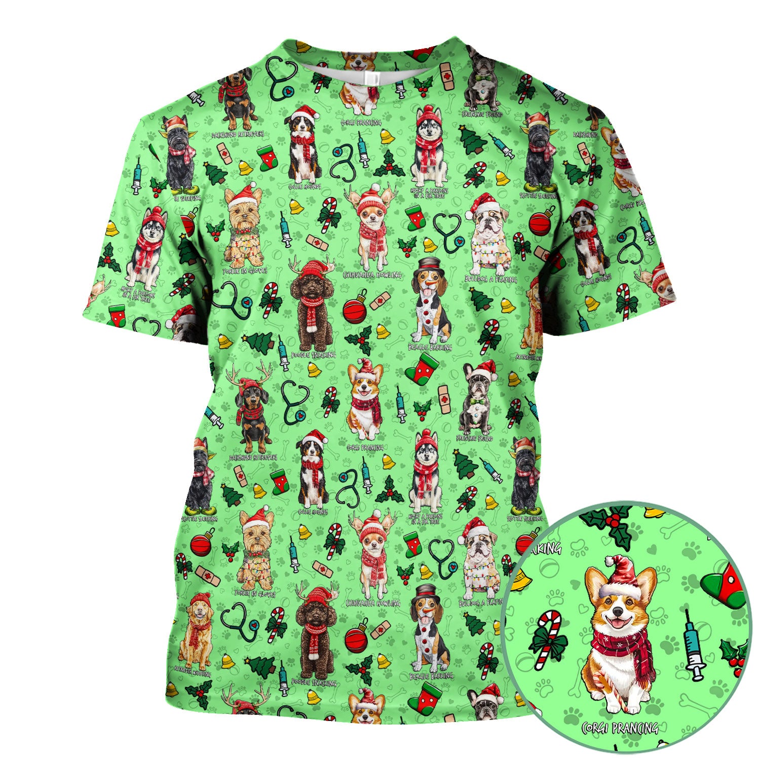 Cute Christmas Dog Scrubs for Nurses - Corgi, Dachshund, Husky, Poodle & Labrador - Funny Holiday Medical Scrub Top for Women