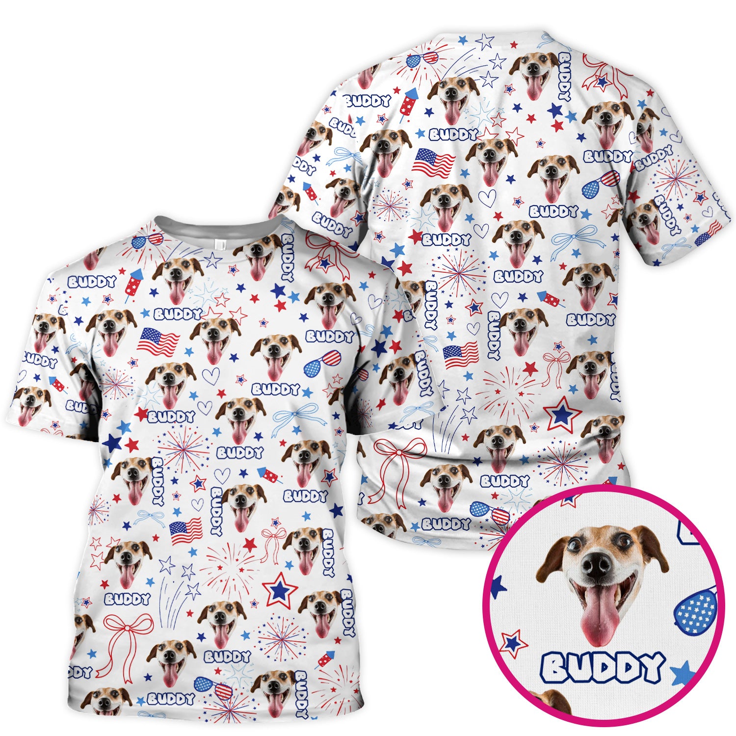 Custom Face Dog Scrub Top, Personalized Patriotic Dog Face Name Pattern Shirt, Breathable Fabrics Nursing Uniform