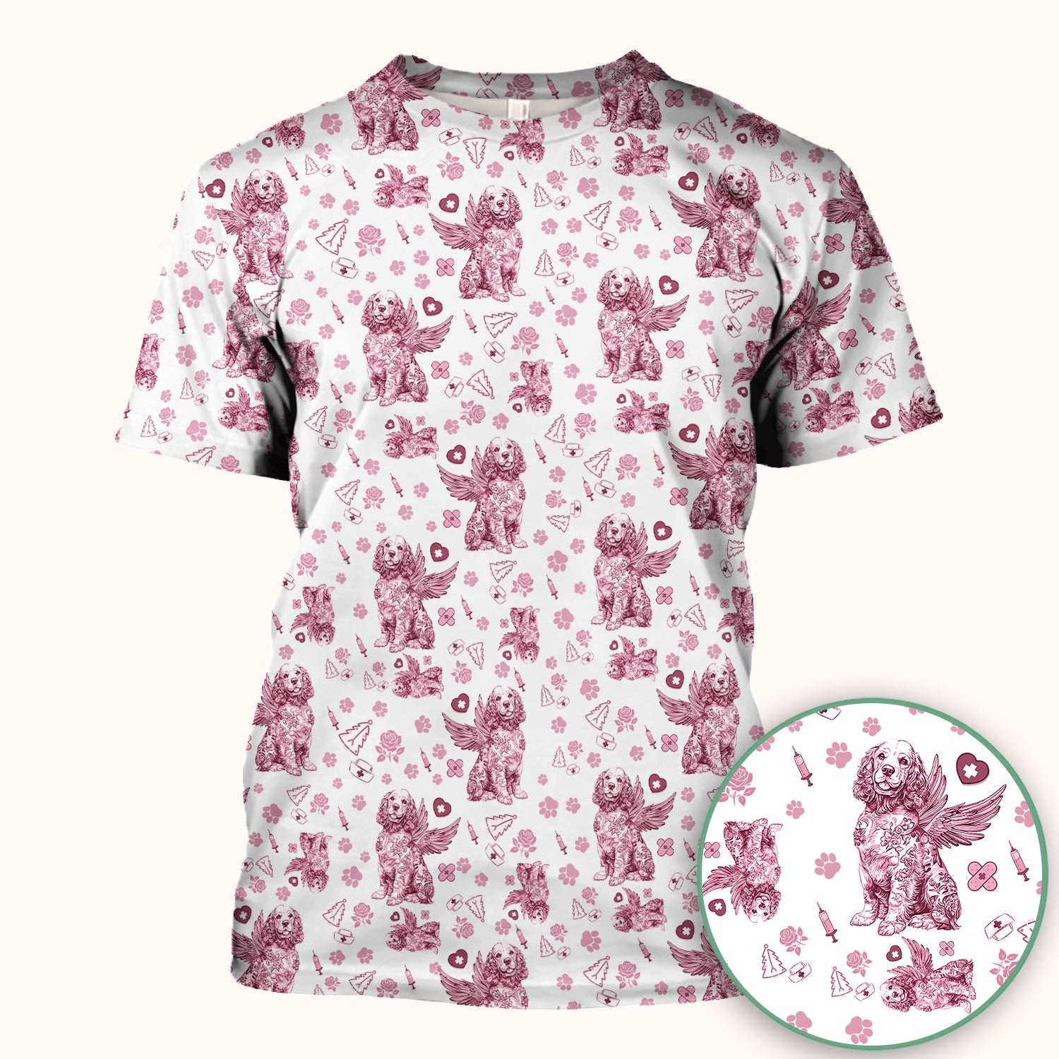 Toile De Jouy Scrubs for Nurses - Angel Puppy Medical Uniform - Floral Dog in Heaven Gift for Women, Vet Techs, RN CNA LPN